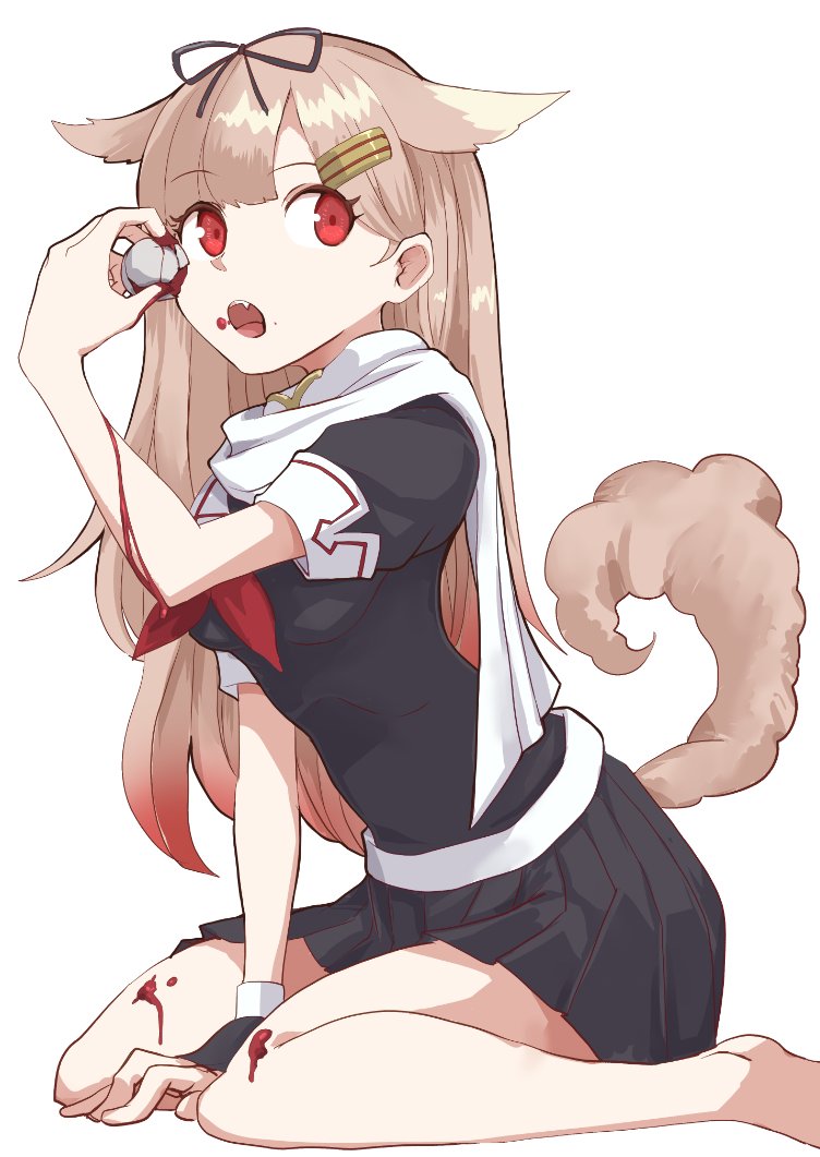 boushi-ya, yuudachi (kancolle), yuudachi kai ni (kancolle), kantai collection, 1girl, animal ears, black gloves, black serafuku, black shirt, blonde hair, blood, dog ears, dog tail, eyeball, fingerless gloves, gloves, gradient hair, hair ears, hair flaps, hair ornament, hairclip, long hair, looking at viewer, multicolored hair, neckerchief, red eyes, red neckerchief, sailor collar, sailor shirt, scarf, school uniform, serafuku, shirt, simple background, solo, tail, white background, white sailor collar, white scarf