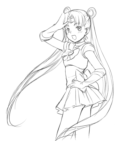 minato fumi, sailor moon, tsukino usagi, bishoujo senshi sailor moon, 1990s (style), blush, choker, circlet, cowboy shot, double bun, elbow gloves, gloves, greyscale, hair bun, long hair, looking back, monochrome, retro artstyle, skirt, solo, tiara, twintails, very long hair