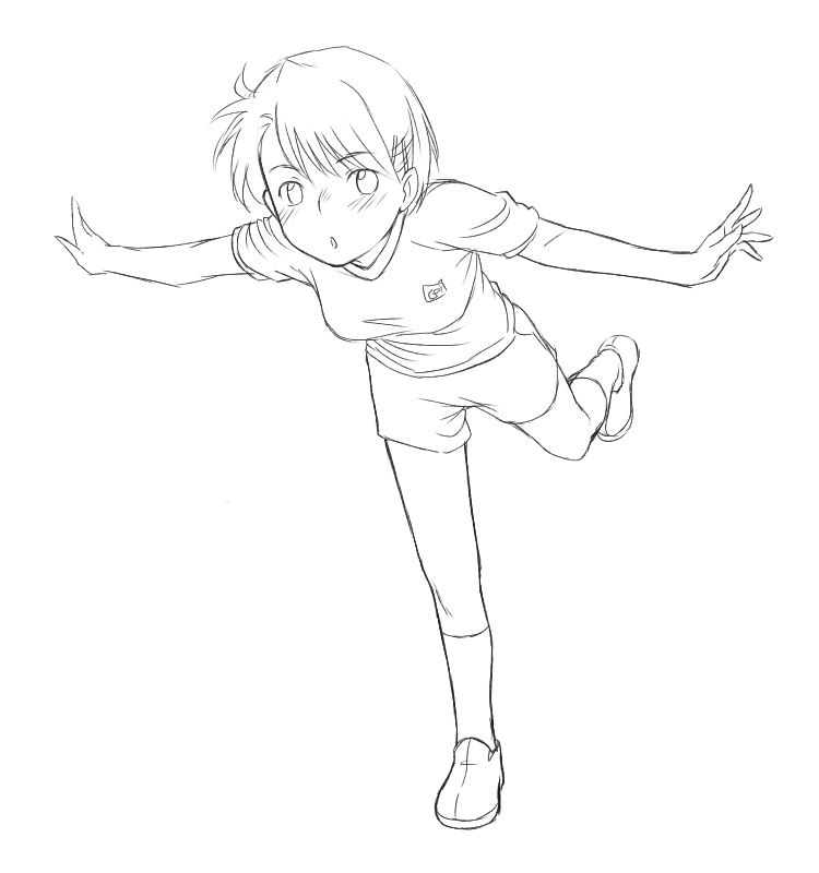 minato fumi, 1girl, :o, balancing, blush, breasts, female focus, full body, greyscale, monochrome, outstretched arms, short hair, shorts, small breasts, solo, sportswear, spread arms, standing, standing on one leg