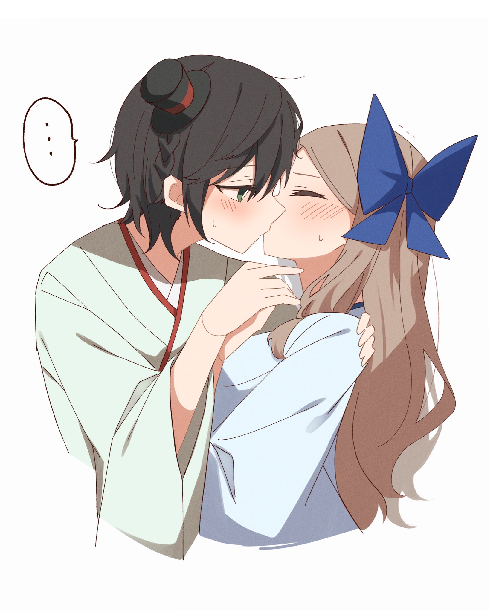 hachimugi (hachino mugi), asakaze (kancolle), matsukaze (kancolle), kantai collection, commentary request, highres, …, 2girls, black hair, blue bow, bow, brown hair, closed eyes, cropped torso, hair bow, hat, japanese clothes, kimono, kiss, long hair, mini hat, mini top hat, multiple girls, short hair, spoken ellipsis, top hat, upper body, white kimono, yuri