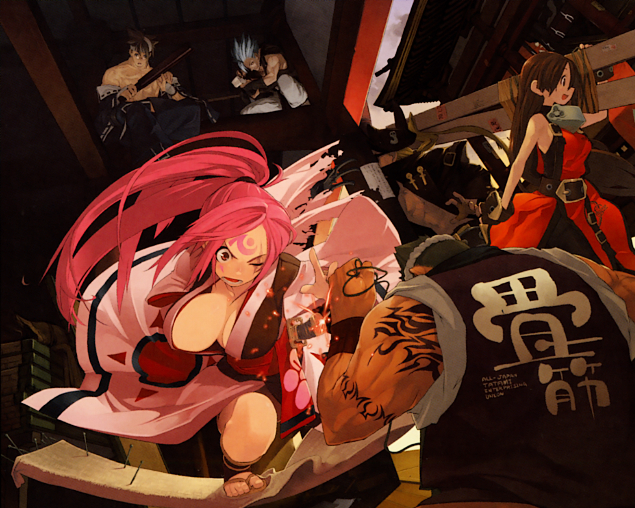 unaji, baiken, chipp zanuff, johnny (guilty gear), may (guilty gear), mito anji, arc system works, guilty gear, guilty gear xx, 2girls, 3boys, amputee, anchor, breasts, cleavage, huge breasts, japanese clothes, katana, kimono, large breasts, multiple boys, multiple girls, ninja, pink eyes, pink hair, ponytail, samurai, scar, sword, tattoo, weapon, wince