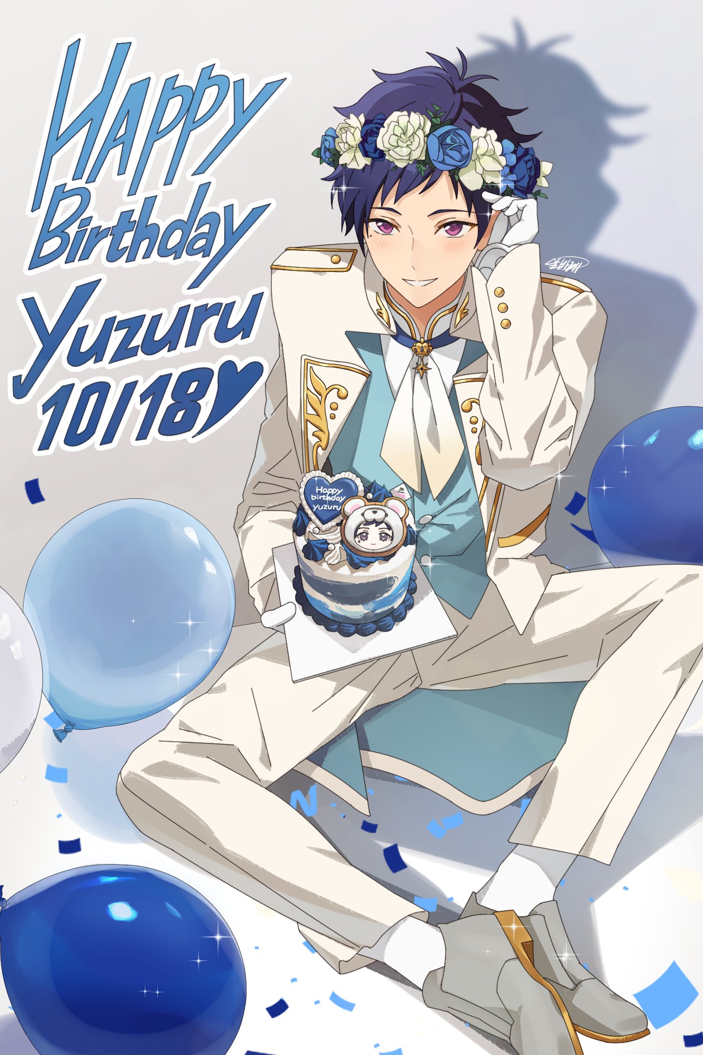 fushimi yuzuru, ensemble stars!, commentary, english commentary, highres, 1boy, arm up, balloon, birthday cake, blue flower, blue hair, cake, character name, clenched teeth, confetti, dated, flower, food, full body, gloves, happy birthday, head wreath, heart, holding, holding plate, layered clothes, long sleeves, looking at viewer, male focus, mole, mole under eye, pants, plate, purple eyes, seulha (w1ntervely), short bangs, short hair, signature, sitting, smile, socks, solo, teeth, vest, white flower, white gloves, white pants, white socks
