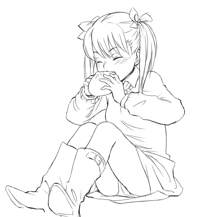 minato fumi, 1girl, blush, boots, eating, female focus, food, greyscale, hair ornament, hair ribbon, happy, lineart, manju, miniskirt, monochrome, panties, pantyshot, ribbon, short hair, short twintails, simple background, sitting, skirt, solo, steamed bun, sweater, twintails, underwear