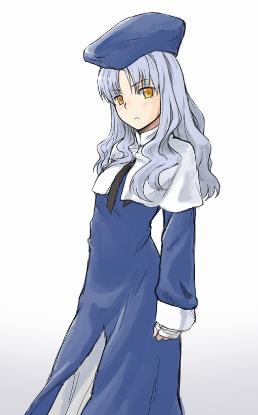 minato fumi, caren hortensia, fate/hollow ataraxia, fate/stay night, fate (series), silver hair, 00s, blue hair, blush, brown eyes, hat, long hair, solo, yellow eyes