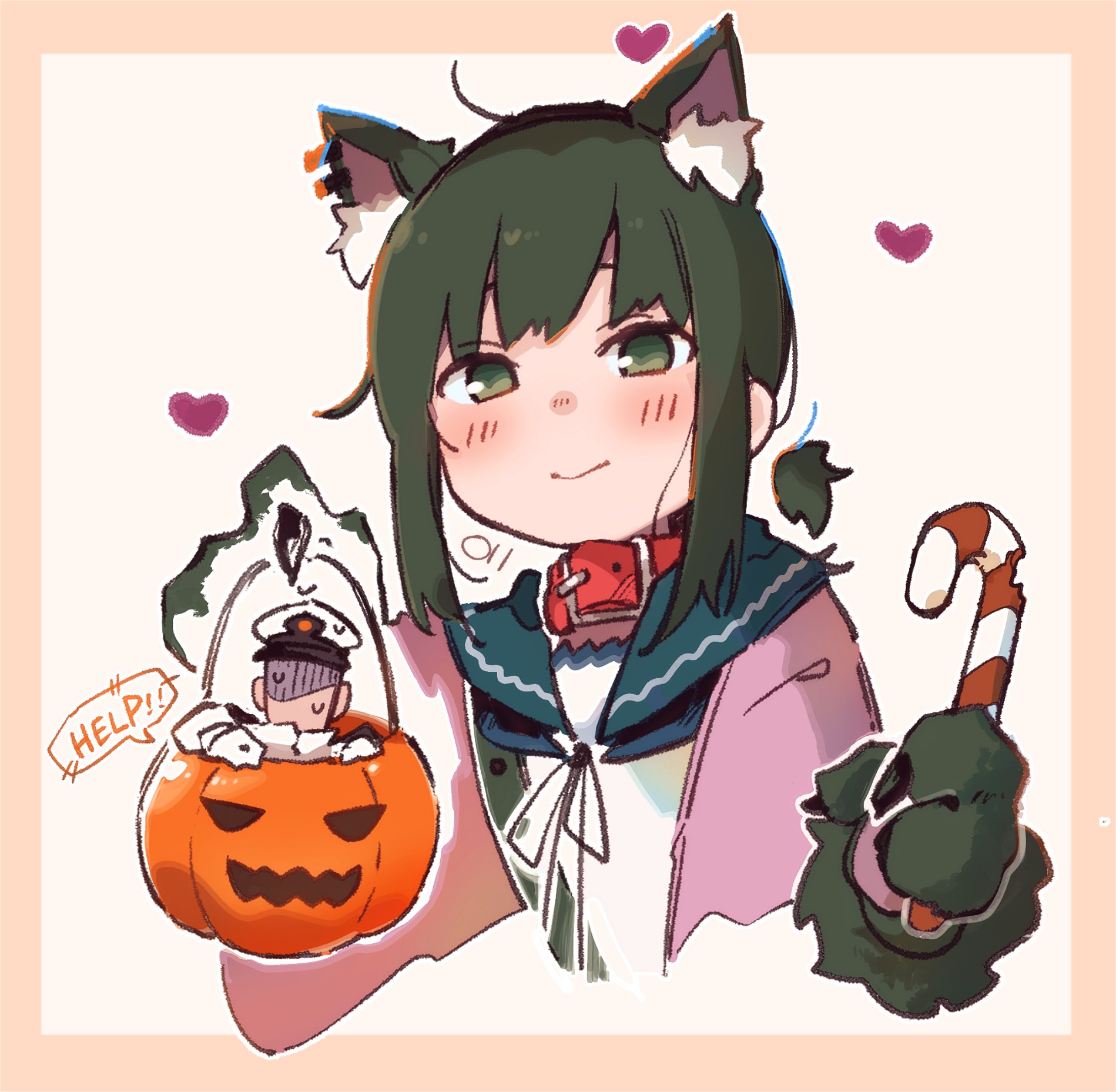 ma rukan, admiral (kancolle), fubuki (kancolle), kantai collection, highres, 1boy, 1girl, animal collar, animal ears, animal hands, black hair, blue neckerchief, blue sailor collar, breasts, brown eyes, candy, candy cane, collar, faceless, faceless male, food, gloves, halloween bucket, heart, jack-o'-lantern, low ponytail, medium breasts, mini person, miniboy, neckerchief, paw gloves, ponytail, sailor collar, sailor shirt, school uniform, serafuku, shirt, short ponytail, upper body, wolf ears