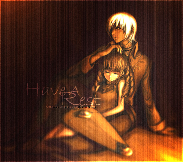7h2o, player character (mabinogi), mabinogi, bad id, bad pixiv id, 1boy, 1girl, brown hair, drill hair, hand on another's head, long hair, protecting, shield, sitting, sitting on lap, sitting on person, sleeping