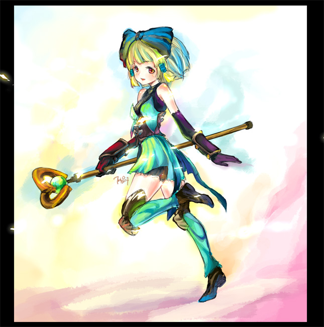 7h2o, fantasy earth zero, bad id, bad pixiv id, elbow gloves, gloves, green hair, hair ribbon, ribbon, short hair, solo, staff, thighhighs