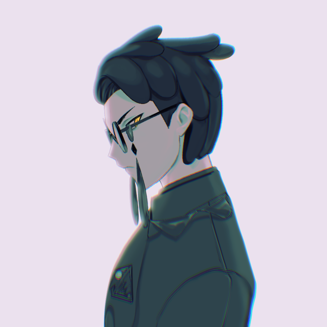 himuro0037, corbeau (pokemon), nintendo, pokemon, pokemon legends: z-a, commentary request, 1boy, black-framed eyewear, black hair, black jacket, chromatic aberration, closed mouth, from side, frown, glasses, grey background, jacket, male focus, round eyewear, short hair, solo, upper body, yellow eyes