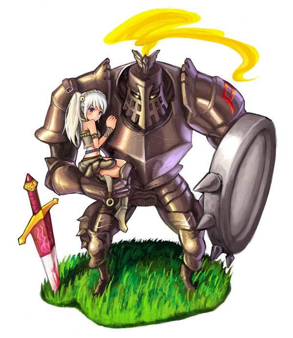 7h2o, fantasy earth zero, bad id, bad pixiv id, tagme, armlet, armor, carrying, jewelry, side ponytail, white hair