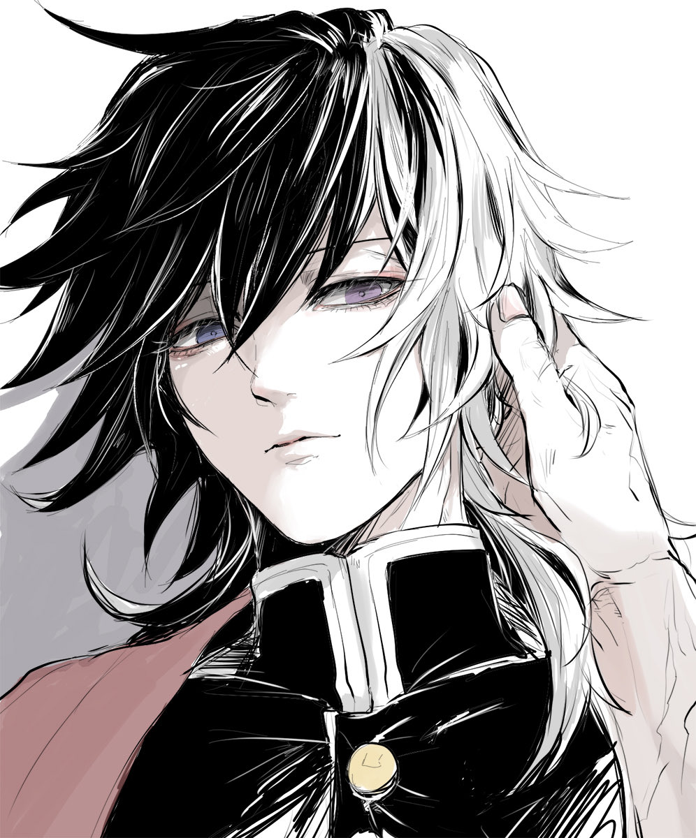 shinazugawa sanemi, tomioka giyuu, kimetsu no yaiba, commentary request, highres, 2boys, black hair, closed mouth, demon slayer uniform, eyelashes, fingernails, gold buttons, hand in another's hair, haori, japanese clothes, male focus, medium hair, multiple boys, oimo nkcn, out of frame, purple eyes, red haori, solo focus, yaoi