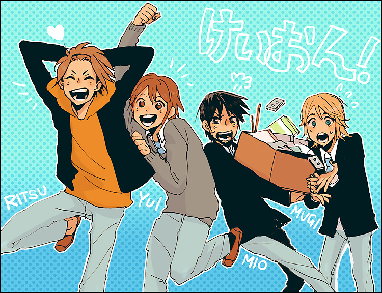 akiyama mio, hirasawa yui, kotobuki tsumugi, tainaka ritsu, k-on!, 00s, 4boys, genderswap, genderswap (ftm), male focus, multiple boys, orange shirt, school uniform, shirt