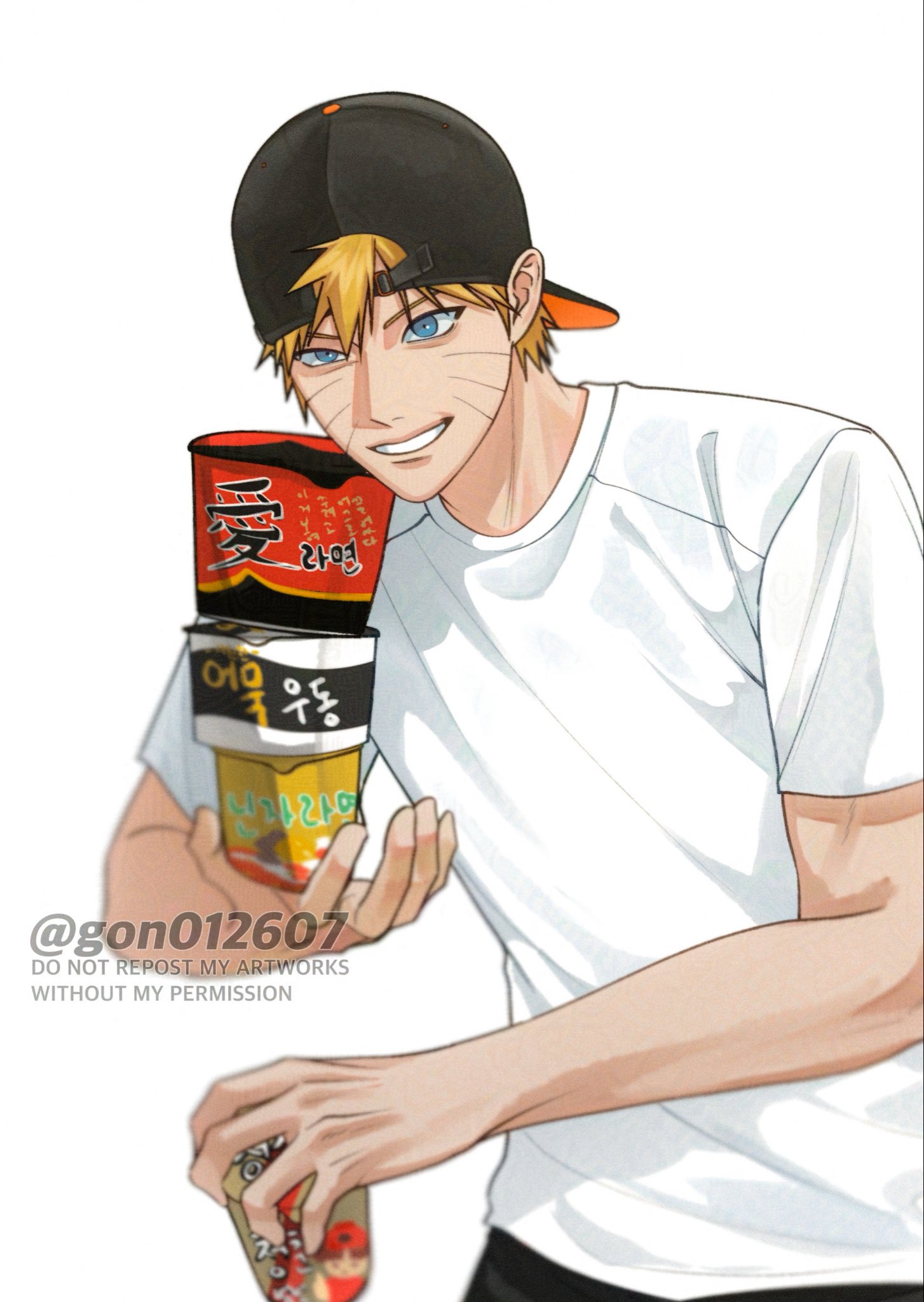 gon012607, uzumaki naruto, naruto (series), highres, 1boy, backwards hat, baseball cap, black hat, black pants, blonde hair, blue eyes, facial mark, food, hair between eyes, hat, holding, holding food, male focus, pants, parted lips, shirt, short hair, smile, solo, t-shirt, teeth, twitter username, upper body, whisker markings, white background, white shirt