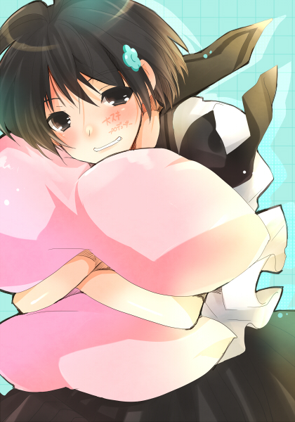 taira tsukune, kikuchi makoto, idolmaster, idolmaster (classic), idolmaster 1, 00s, 1girl, black eyes, black hair, blush, body writing, female focus, hug, hugging object, pillow, pillow hug, school uniform, short hair, solo