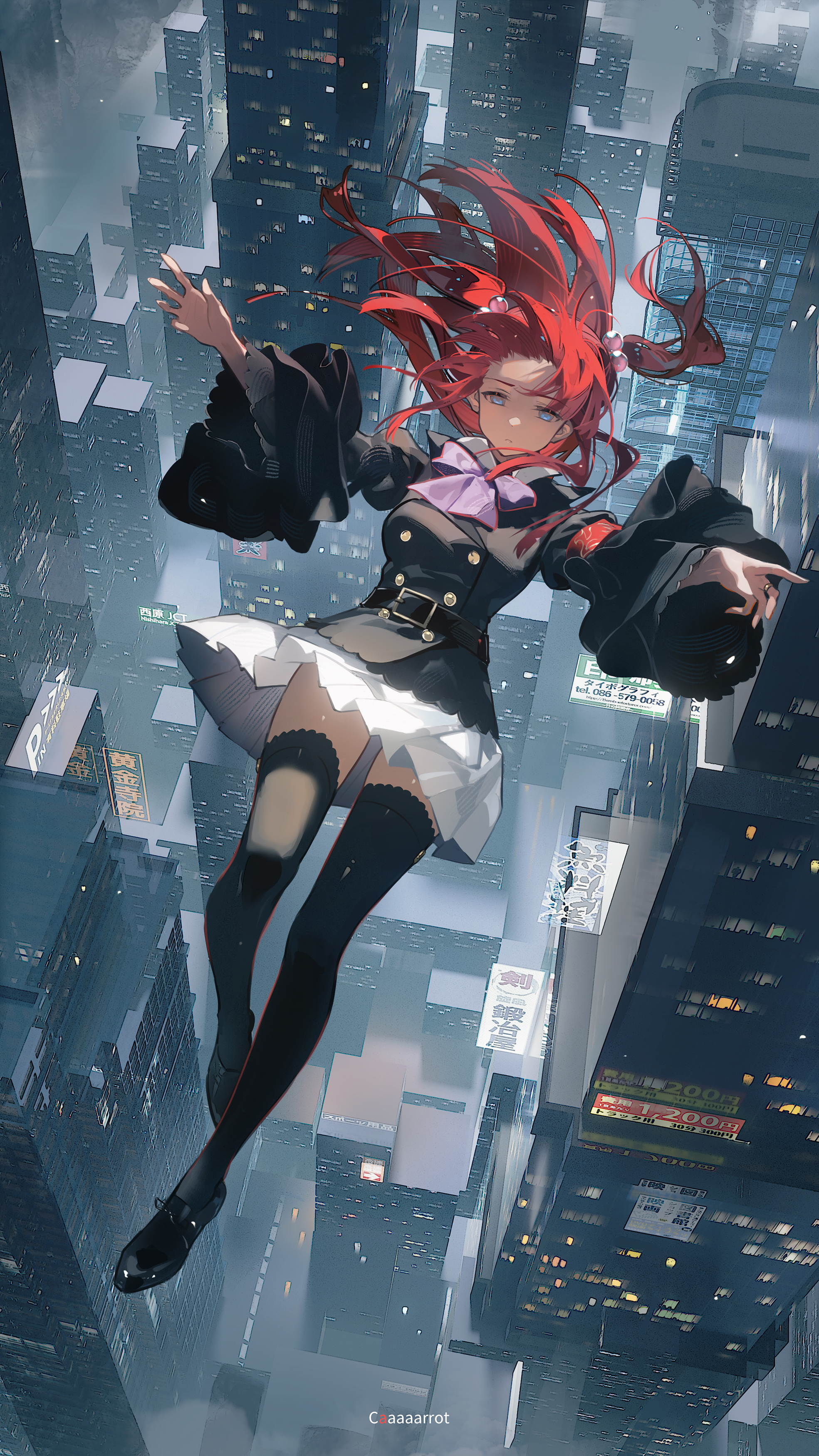 toto (caaaaarrot), ushiromiya ange, umineko no naku koro ni, absurdres, highres, 1girl, armband, artist name, belt, black belt, black jacket, black shoes, black thighhighs, blue eyes, bow, building, buttons, chest bow, cityscape, double-breasted, falling, frilled sleeves, frills, full body, gold ring, hair bobbles, hair ornament, jacket, jewelry, long hair, long sleeves, midair, outdoors, pleated skirt, purple bow, red hair, ring, shoes, skirt, skyscraper, solo, thighhighs, two side up, white skirt, wide sleeves, zettai ryouiki