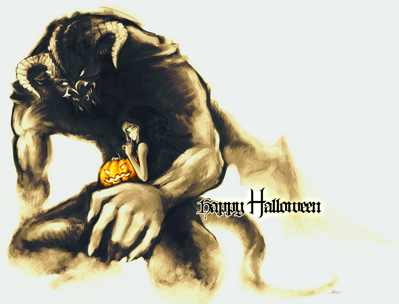 7h2o, original, bad id, bad pixiv id, 1girl, carrying, finger to mouth, halloween, happy halloween, hood, jack-o'-lantern, monster, pumpkin, shushing, size difference