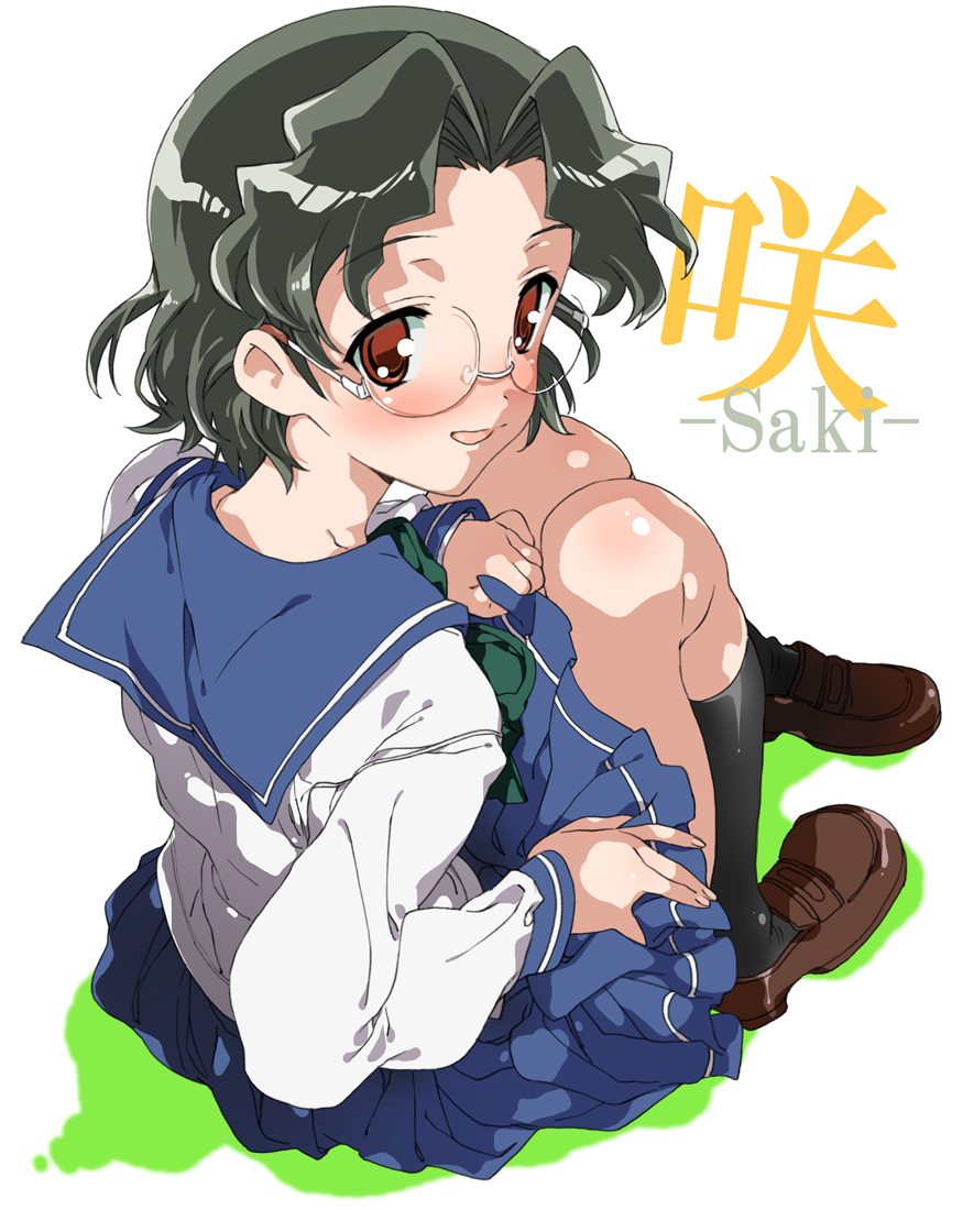 kasuga souichi, someya mako, saki (manga), bad id, bad pixiv id, 00s, 1girl, black hair, blush, bob cut, bow, female focus, from behind, full body, glasses, green hair, grey hair, laughing, looking back, pleated skirt, red eyes, school uniform, serafuku, shoes, short hair, simple background, sitting, skirt, smile, socks, solo