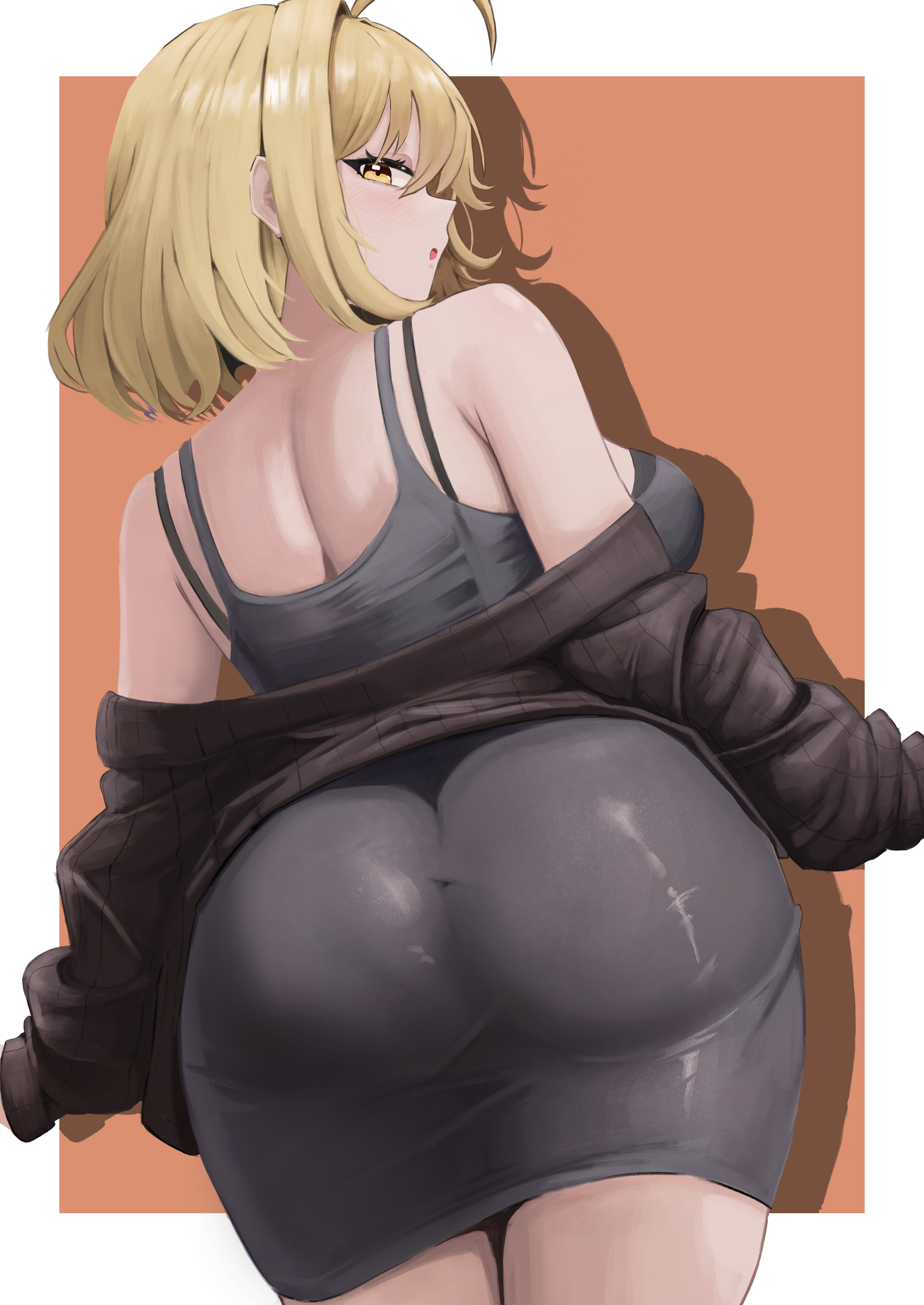 small chair (xiaosaiyi33818), anis (nikke), goddess of victory: nikke, 1girl, ahoge, ass, back, black bra, black sweater, blush, bra, breasts, brown eyes, brown hair, butt crack outline, dress, from behind, grey dress, large breasts, looking back, off-shoulder sweater, off shoulder, open mouth, open sweater, orange background, short hair, sleeveless, sleeveless dress, solo, standing, sweater, underwear