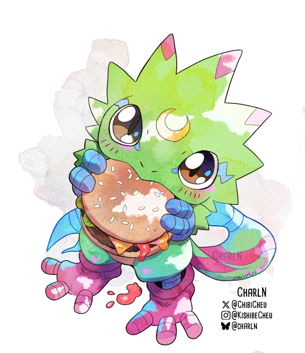 chibicheu, gekkomon, digimon, digimon beatbreak, artist name, burger, crescent, crescent facial mark, digimon (creature), eating, facial mark, food, gecko, looking at viewer, signature, twitter username