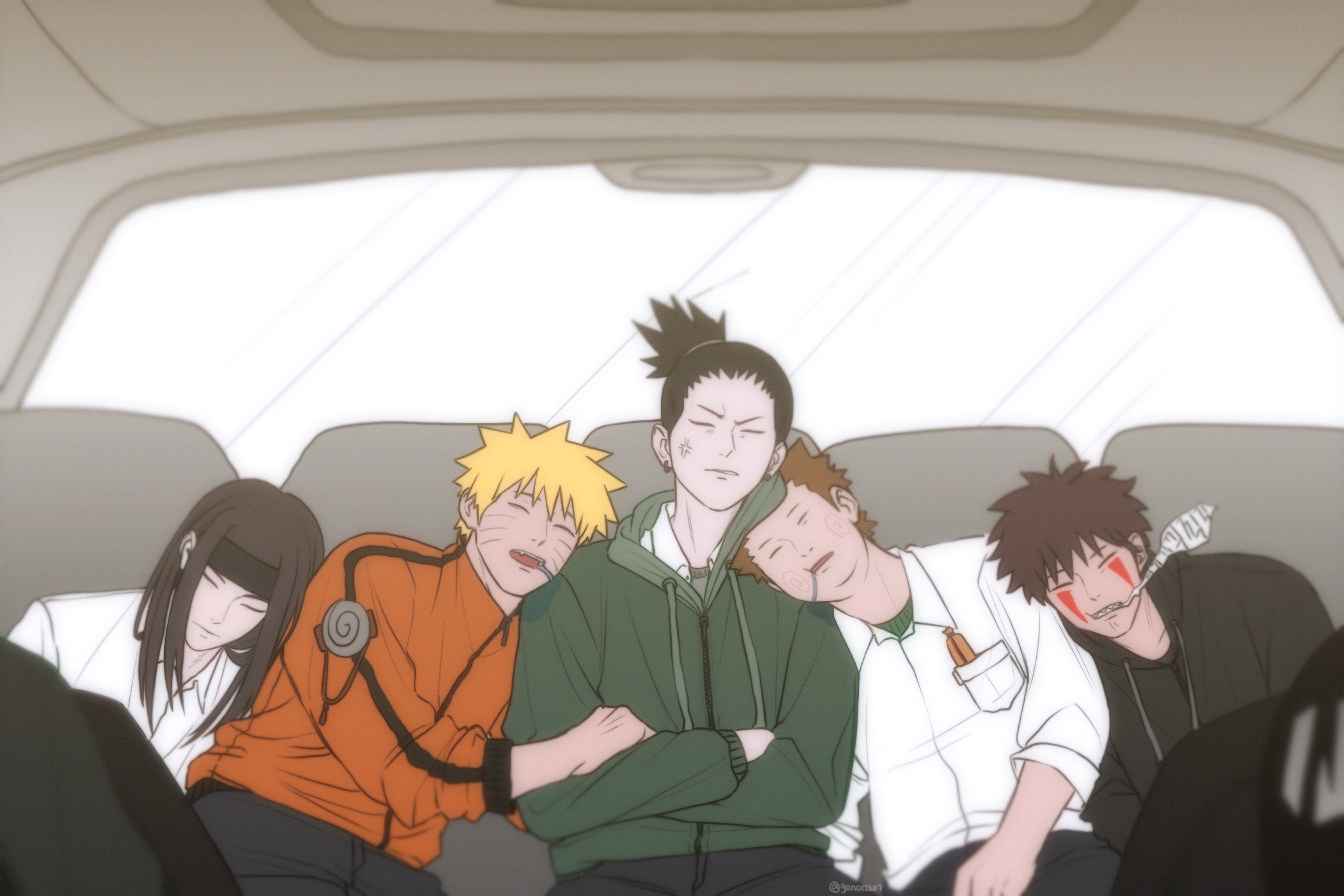 gon012607, akimichi chouji, hyuuga neji, inuzuka kiba, nara shikamaru, uzumaki naruto, naruto (series), absurdres, highres, 5boys, anger vein, black hair, black headband, black hoodie, black pantyhose, blonde hair, brown hair, car interior, closed eyes, collared shirt, crossed arms, drooling, facial mark, fat, furrowed brow, green hoodie, hair between eyes, hair tie, headband, holding another's arm, hood, hood down, hoodie, jacket, leaning on person, long hair, male focus, mouth drool, multiple boys, open mouth, orange jacket, pantyhose, parted bangs, ponytail, shirt, short hair, short ponytail, sleeping, spiked hair, upper body, whisker markings, white shirt