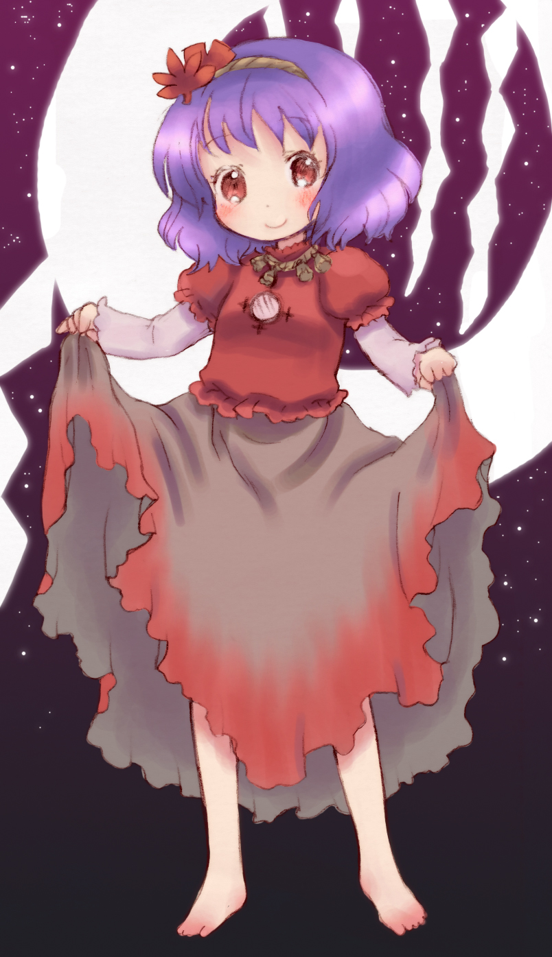 rias-shiki kawaii, yasaka kanako, touhou, bad id, bad pixiv id, highres, 1girl, barefoot, blush, child, clothes lift, dress, dress lift, feet, female focus, hair ornament, leaf hair ornament, purple hair, red eyes, short hair, skirt, skirt lift, smile, solo