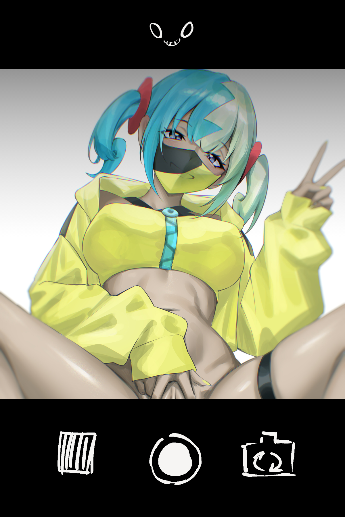 ei (eiei e1), canari (pokemon), nintendo, pokemon, pokemon legends: z-a, highres, 1girl, aqua hair, blue eyes, blurry, bottomless, crop top, dark-skinned female, dark skin, depth of field, fake phone screenshot, fake screenshot, green eyes, long hair, long sleeves, looking at viewer, mask, mouth mask, multicolored hair, navel, puffy long sleeves, puffy sleeves, pussy, pussy peek, sleeves past wrists, smile, solo, stomach, thigh strap, twintails, two-tone hair, v, v over crotch, viewfinder