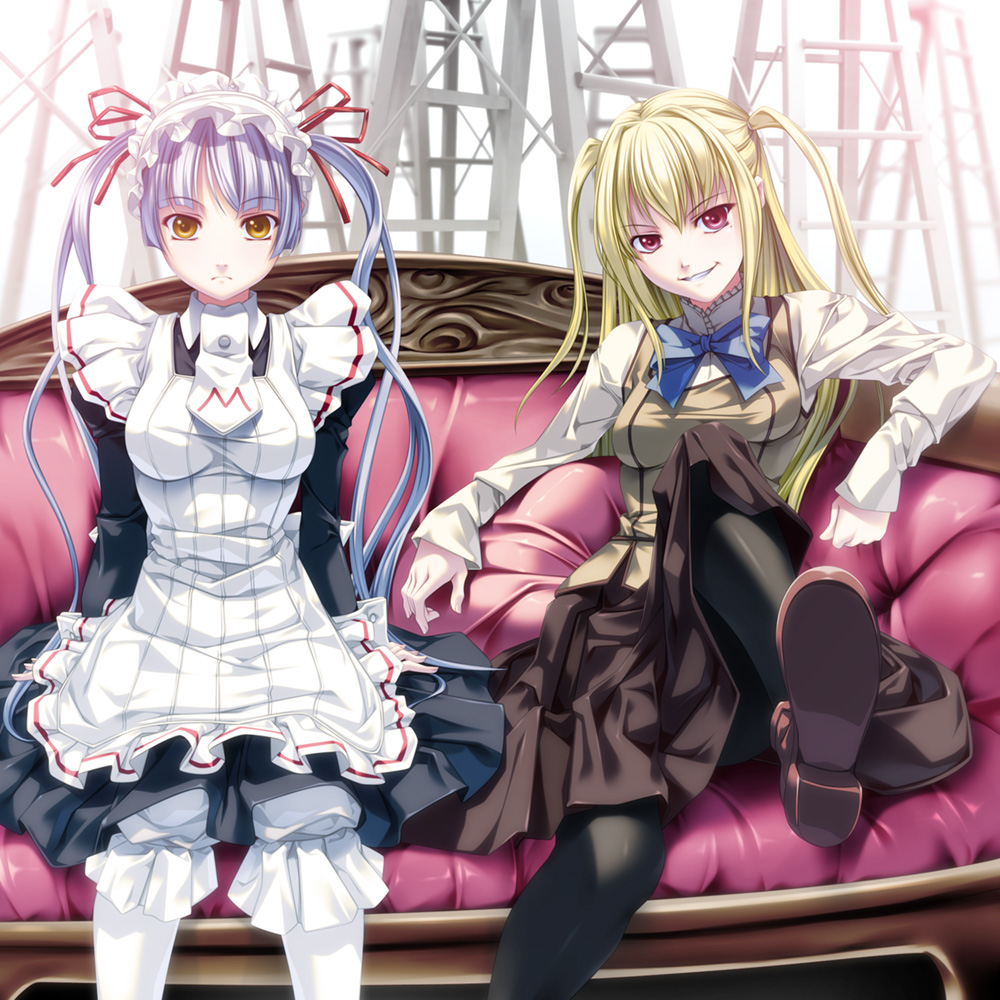 rezi, shidou mariya, shinouji matsurika, maria holic, 00s, 1boy, 1girl, black pantyhose, blonde hair, bloomers, blouse, blue hair, brown eyes, collared dress, crossed legs, dress, high collar, long hair, maid, mole, mole under eye, pantyhose, parted bangs, red eyes, shirt, sitting, smirk, trap, twintails, two side up, underwear, very long hair, white pantyhose, white shirt