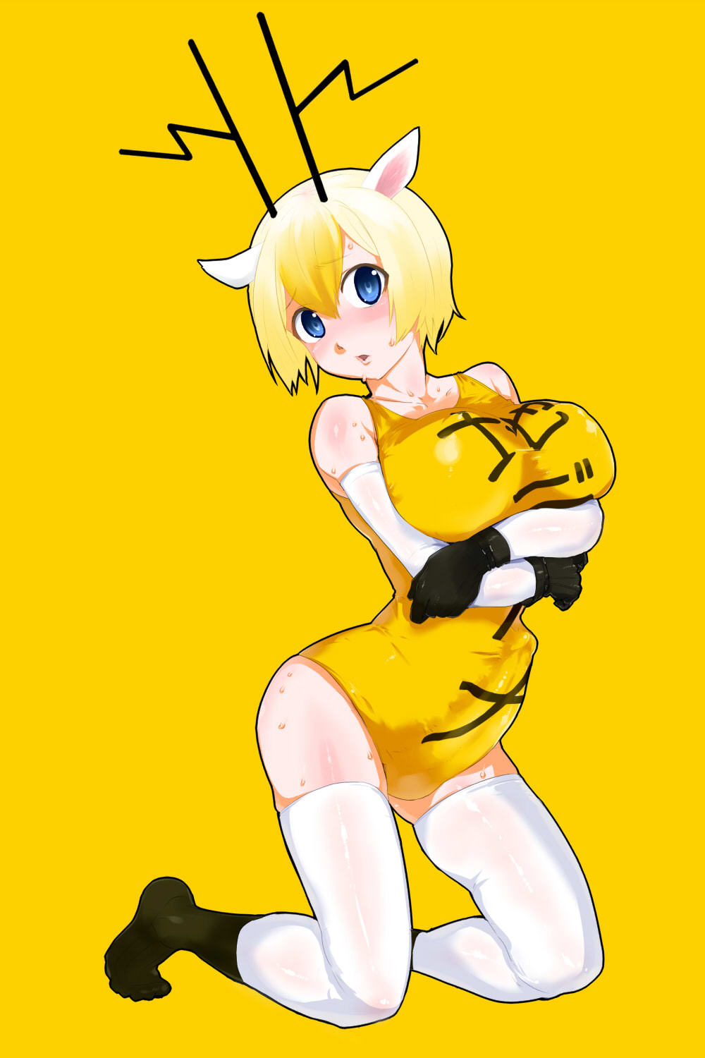 scotch (blaze), chidejika, japan commercial broadcasters association, bad id, bad pixiv id, highres, 1futa, animal ears, antlers, blonde hair, blue eyes, blush, breasts, breasts squeezed together, bulge, deer antlers, elbow gloves, futanari, gloves, horns, huge breasts, kneeling, latex, latex gloves, one-piece swimsuit, school swimsuit, short hair, socks, solo, sweat, swimsuit, thighhighs, white socks, white thighhighs, yellow one-piece swimsuit