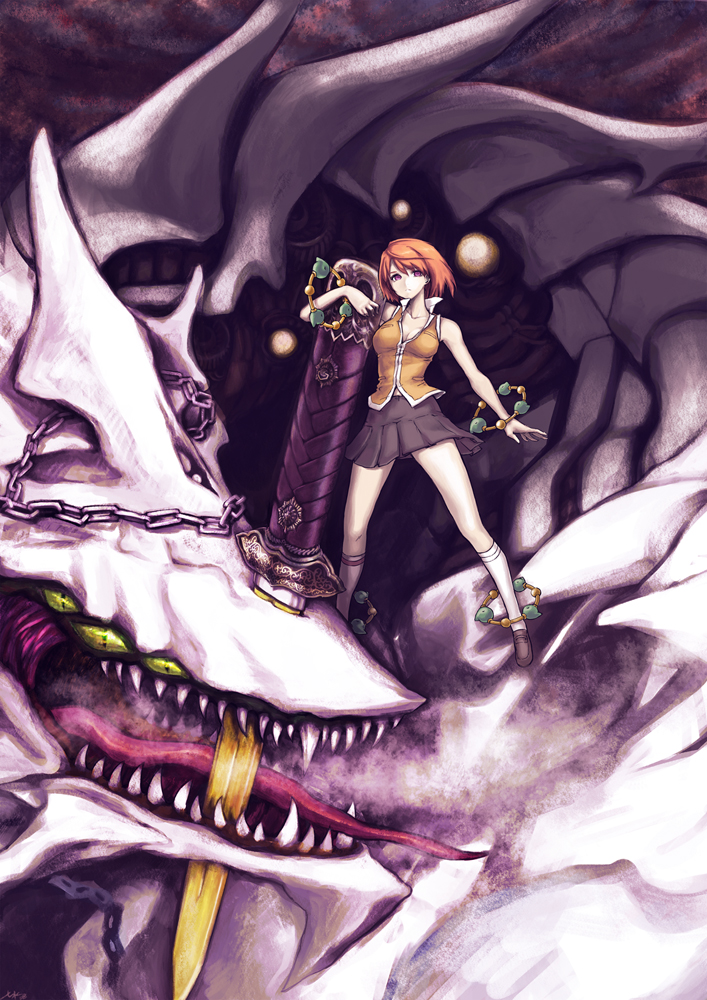 7h2o, kagutsuchi, tokiha mai, my-hime, 00s, dragon, flying, huge weapon, knife, miniskirt, monster, orange hair, pink eyes, pleated skirt, school uniform, short hair, skirt, socks, solo, sword, weapon