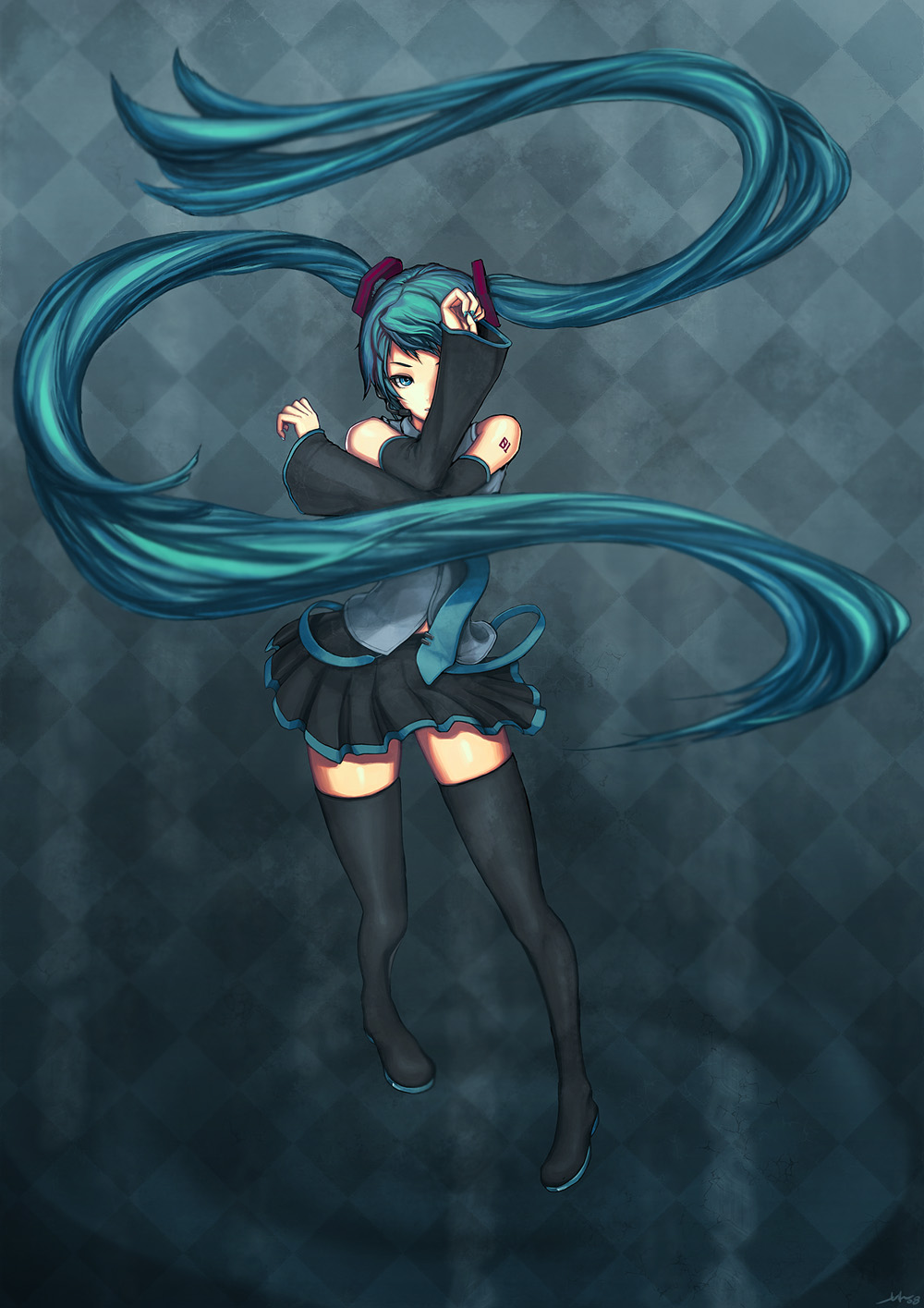 7h2o, hatsune miku, vocaloid, bad id, bad pixiv id, highres, 1girl, black thighhighs, blue eyes, blue hair, detached sleeves, female focus, full body, hair ornament, long hair, matching hair/eyes, miniskirt, necktie, pleated skirt, skirt, sleeves past wrists, solo, standing, thighhighs, twintails, very long hair, zettai ryouiki