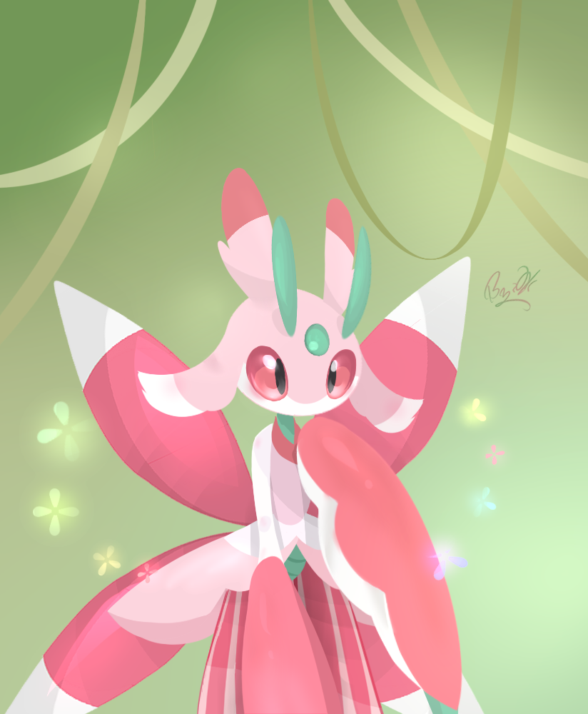 diyouyou, lurantis, nintendo, pokemon, commentary request, gen 7 pokemon, green background, leaning, legs together, no humans, pink eyes, plant, pokemon (creature), pokemon focus, signature, solo, vines