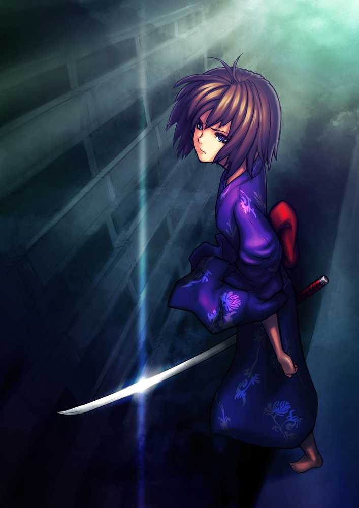7h2o, ryougi shiki, kara no kyoukai, barefoot, blue eyes, brown hair, japanese clothes, katana, kimono, short hair, solo, sword, weapon