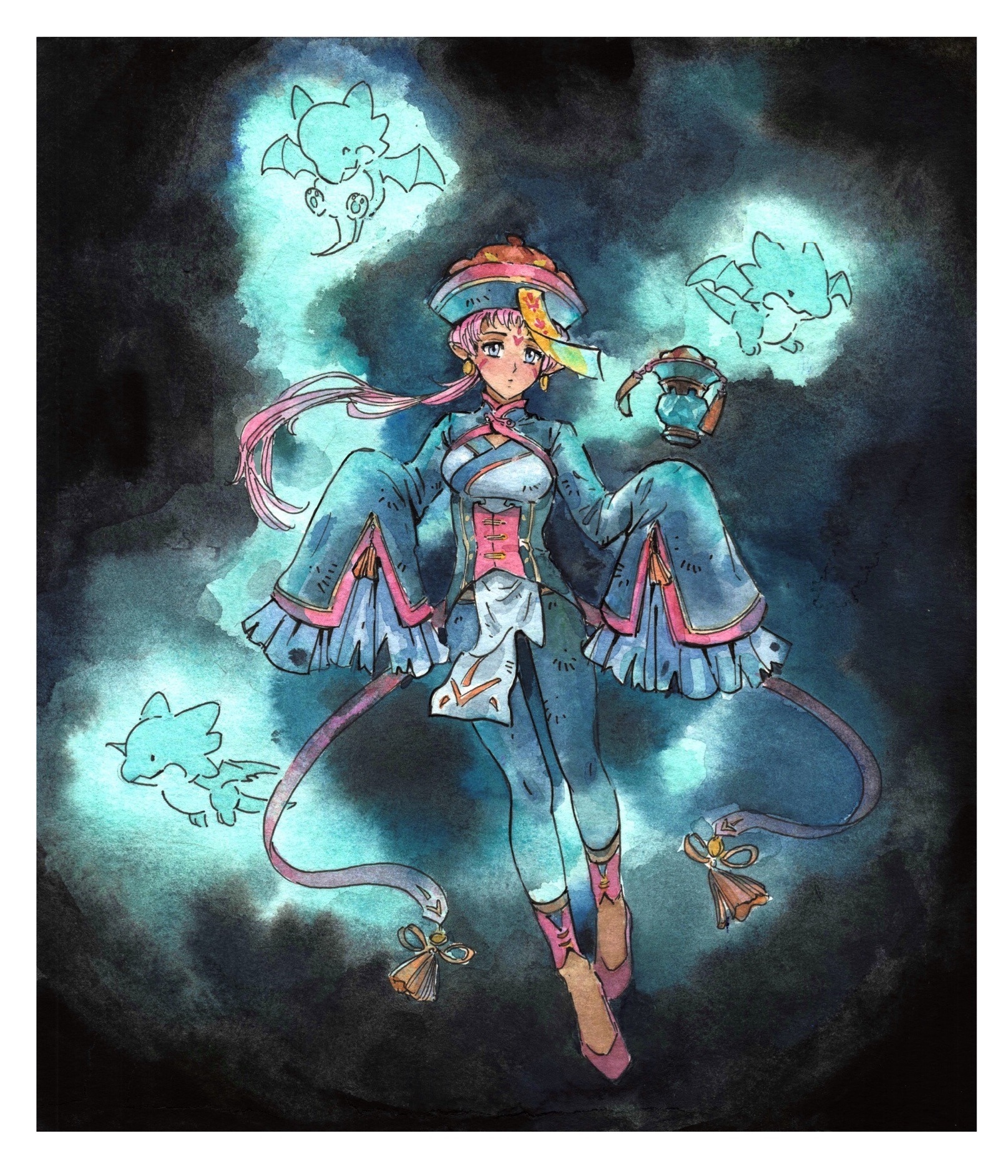 kirbuart, ena (fire emblem), ena (halloween) (fire emblem), fire emblem, fire emblem: radiant dawn, fire emblem heroes, nintendo, highres, painting (medium), traditional media, watercolor (medium), 1girl, alternate costume, breasts, chinese clothes, floating, floating object, halloween, halloween costume, jiangshi, jiangshi costume, medium breasts, official alternate costume, pink hair, red shoes, shoes