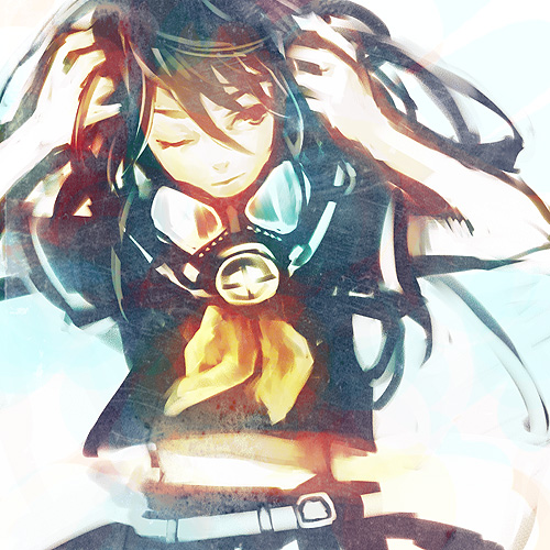 mikeneko ringo, uroko, uroko (mnr), original, lowres, 1girl, black hair, female focus, gas mask, mask, school uniform, solo