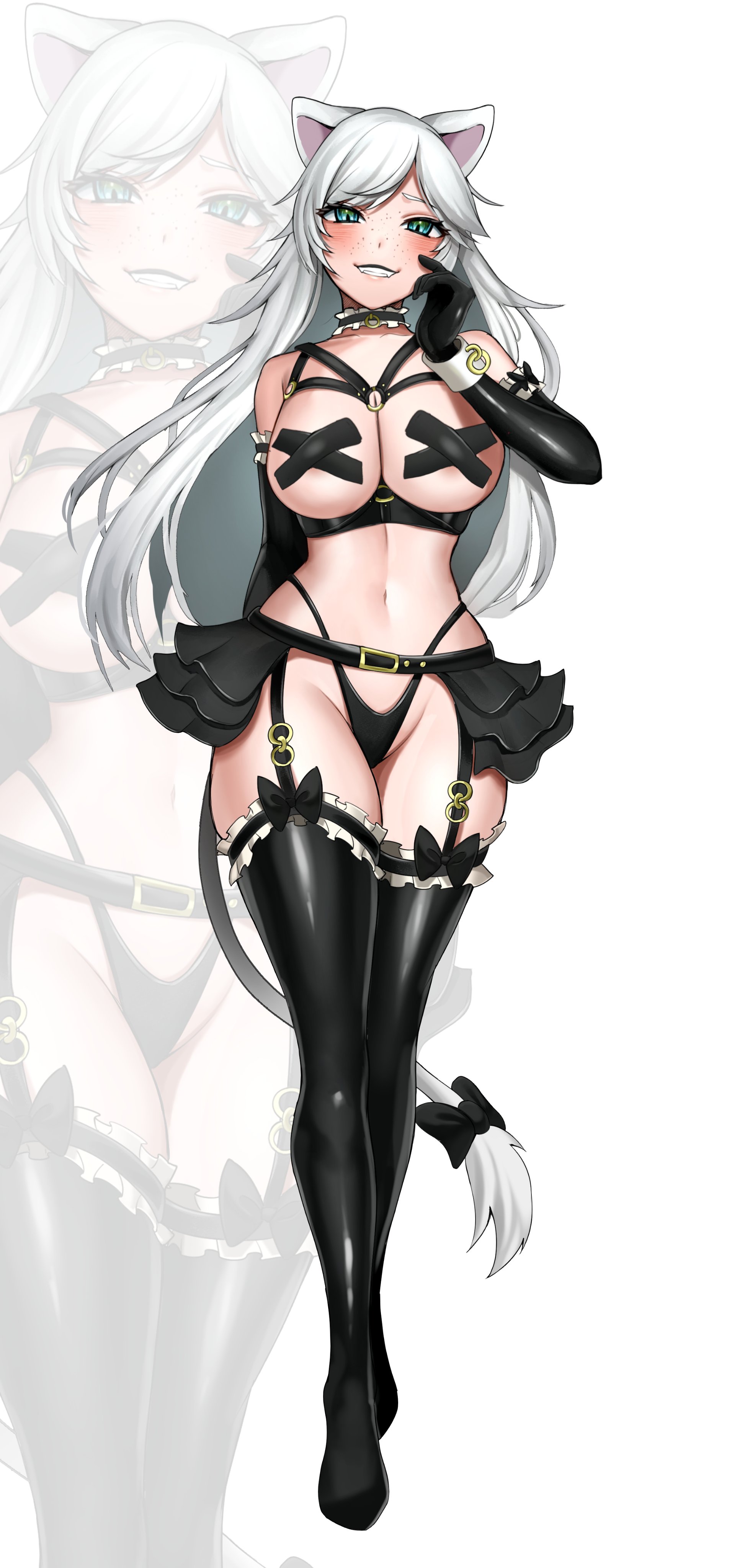 leiden yaegore, original, absurdres, commentary, commission, english commentary, highres, 1girl, animal ears, black bow, black choker, black gloves, black panties, black skirt, black thighhighs, blue eyes, bow, breasts, cat ears, cat girl, cat tail, choker, cross, cross pasties, elbow gloves, freckles, frilled choker, frills, full body, garter belt, gloves, groin, hand up, highleg, highleg panties, large breasts, long hair, looking at viewer, microskirt, midriff, navel, no shoes, panties, parted bangs, pasties, skirt, smile, solo focus, tail, tail bow, tail ornament, thighhighs, underwear, white background, white hair, zoom layer