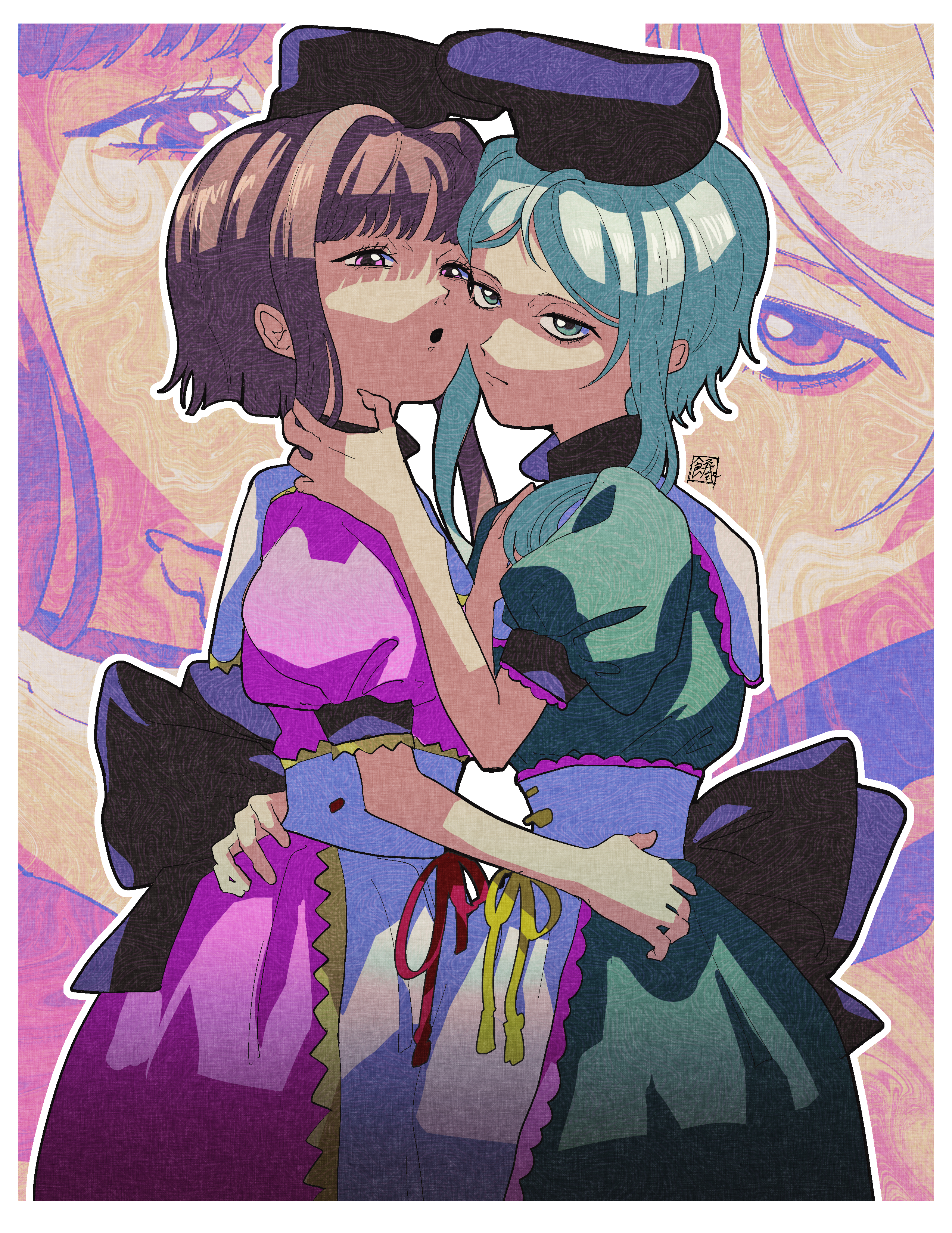 sokura (mochichitose), nishida satono, teireida mai, touhou, absurdres, highres, 2girls, apron, artist name, black hat, closed mouth, dress, expressionless, green dress, green hair, grey hair, hand on another's neck, hand on another's waist, hat, medium hair, multiple girls, parted lips, pink dress, puffy short sleeves, puffy sleeves, seal impression, short hair, short hair with long locks, short sleeves, sidelocks, tate eboshi, waist apron