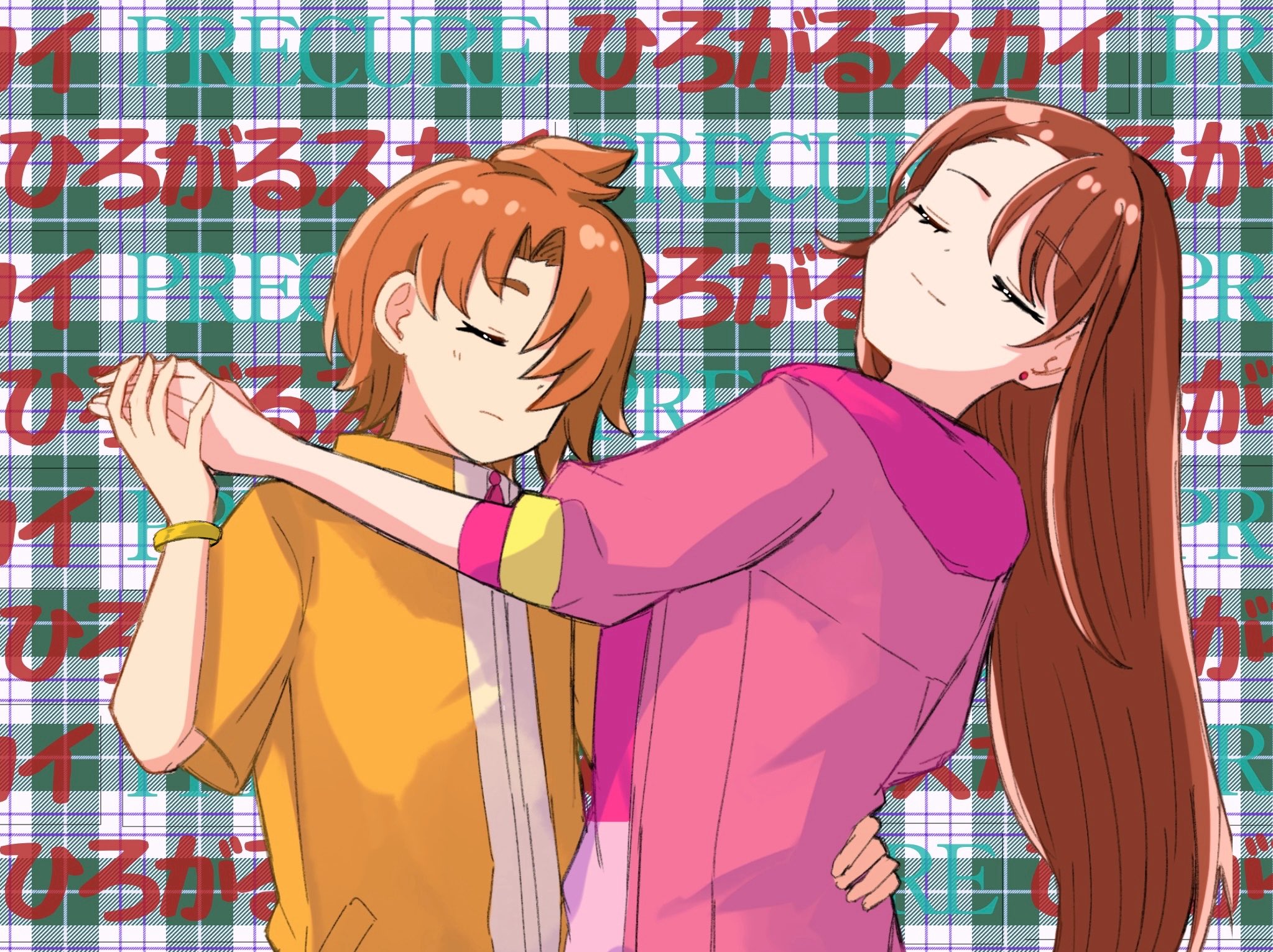 hijiri ageha, yuunagi tsubasa, hirogaru sky! precure, mamotte shugogetten!, precure, highres, 1boy, 1girl, ahoge, botn 02, bracelet, brown hair, closed eyes, closed mouth, dancing, earrings, english text, hair over one eye, hand on another's waist, hood, hood down, hoodie, interlocked fingers, jewelry, light smile, long hair, one eye covered, orange hair, parody, pink hoodie, stud earrings