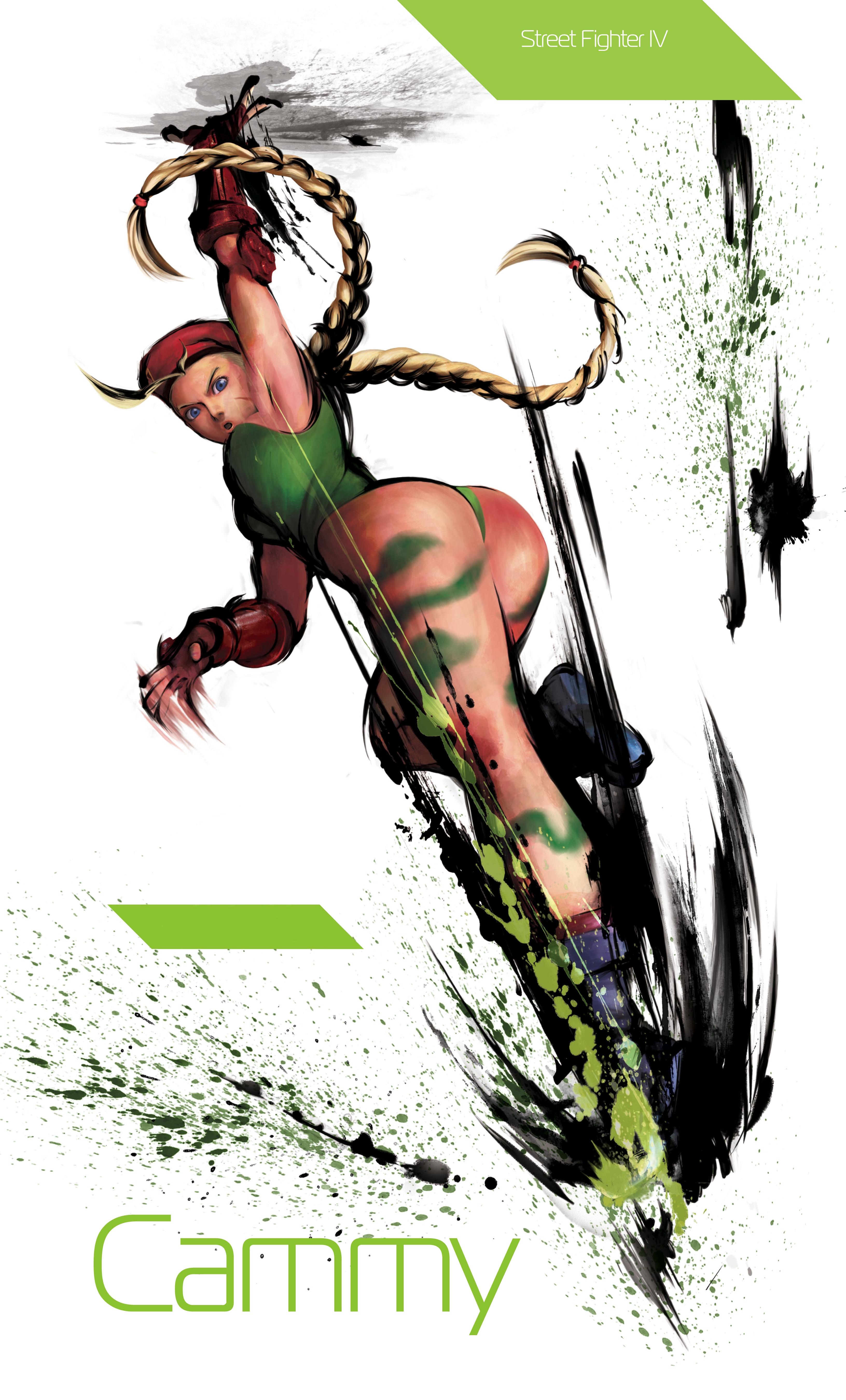 ikeno daigo, cammy white, capcom, street fighter, street fighter iv (series), absurdres, highres, 1girl, ass, beret, blonde hair, blue eyes, boots, braid, female focus, fingerless gloves, gloves, hat, leotard, solo, twin braids