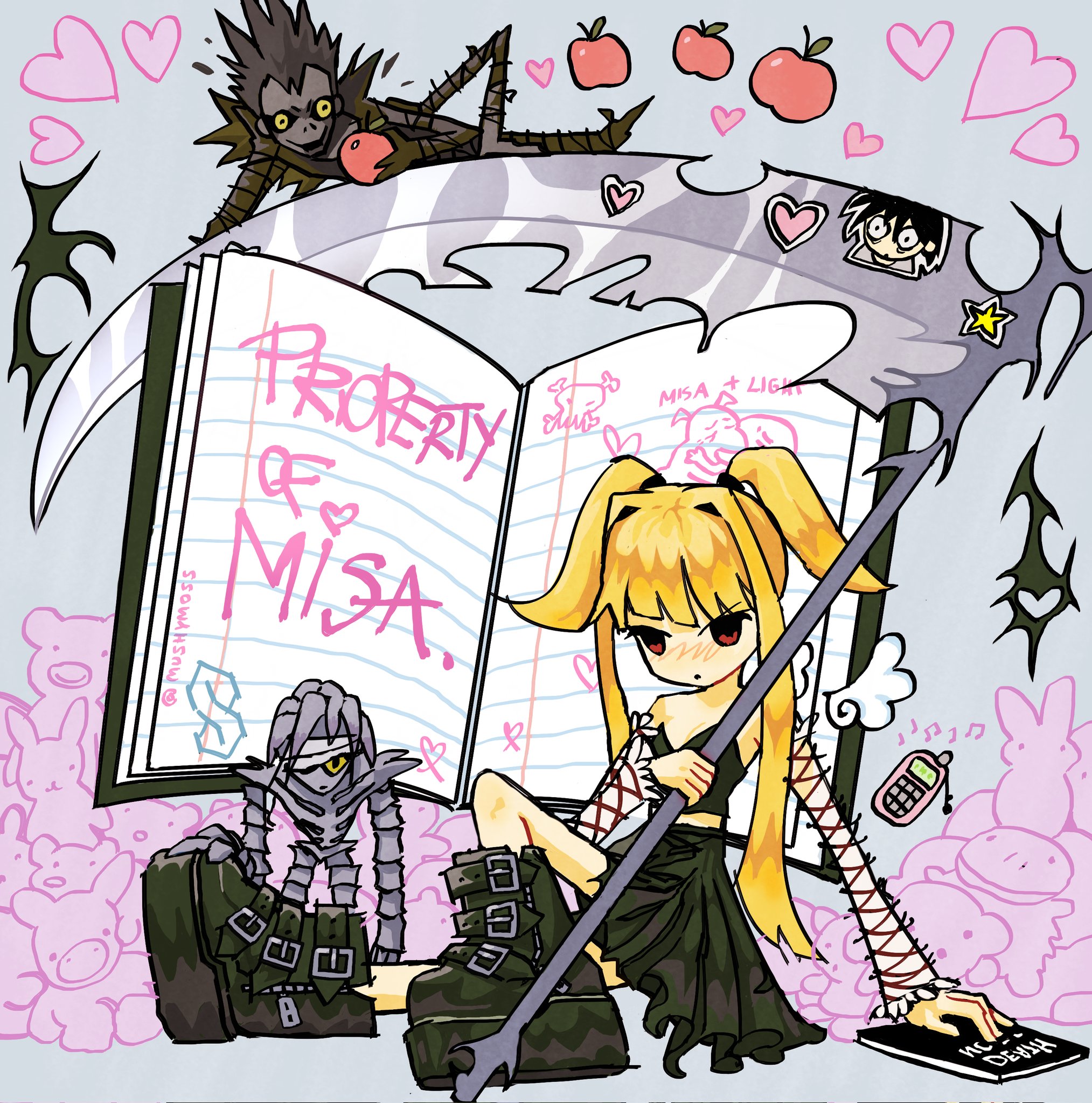 mushymoss, amane misa, l (death note), rem (death note), ryuk, death note, highres, apple, bandage over one eye, bandaged head, bandages, black boots, black shirt, black skirt, blonde hair, boots, brown eyes, cellphone, character name, character sticker, crop top, death note (object), detached sleeves, fishnet sleeves, fishnets, food, fruit, hair intakes, half updo, hand on another's foot, holding, holding scythe, long hair, midriff, mini wings, phone, scythe, shinigami, shirt, sitting, skirt, sticker, strapless, strapless shirt, twintails, wings