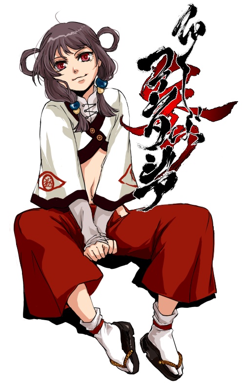 mishima ssuru, pixiv fantasia, pixiv fantasia 3, bad id, bad pixiv id, translation request, 1girl, akatsuhara empire, female focus, flat chest, hair rings, long hair, looking at viewer, midriff, navel, purple hair, red eyes, simple background, smile, solo, tabi, white background
