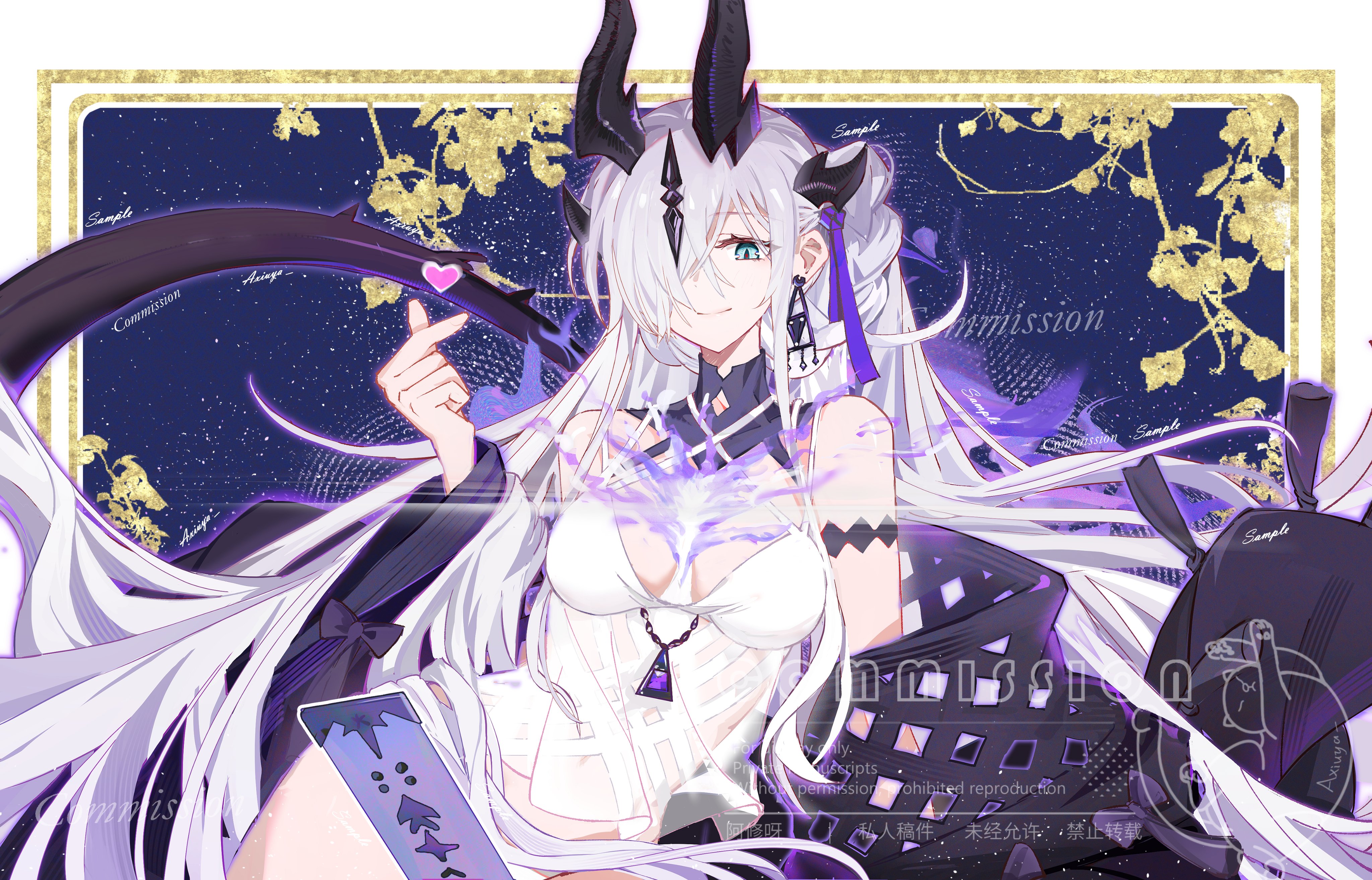 axiuya, necrass (arknights), necrass (summer flowers) (arknights), arknights, absurdres, commentary, highres, 1girl, absurdly long hair, blue background, border, dragon girl, dragon horns, dragon tail, earrings, feet out of frame, finger heart, fire, green eyes, grey hair, hair over one eye, horns, jewelry, long hair, looking at viewer, off shoulder, official alternate costume, one-piece swimsuit, purple fire, simple background, slit pupils, smile, solo, swimsuit, swimsuit cover-up, tail, very long hair, watermark, white border, white one-piece swimsuit