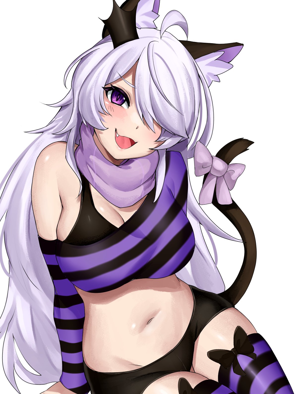 leiden yaegore, original, commentary, commission, english commentary, highres, 1girl, ahoge, animal ears, black shorts, bow, bow legwear, breasts, cat ears, cat girl, cat tail, cleavage, cowboy shot, fang, hair over one eye, large breasts, long hair, looking at viewer, micro shorts, one eye covered, open mouth, parted bangs, purple bow, purple eyes, purple hair, purple scarf, purple shirt, purple thighhighs, scarf, shirt, shorts, simple background, single bare shoulder, smile, solo, striped clothes, striped shirt, striped thighhighs, tail, tail bow, tail ornament, thighhighs, white background