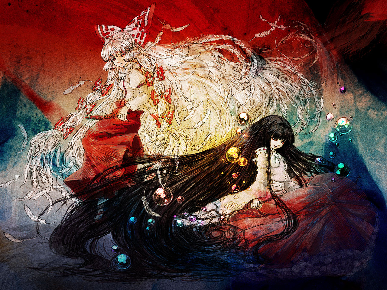 takatora, fujiwara no mokou, houraisan kaguya, touhou, silver hair, 2girls, black hair, bubble, feathers, female focus, hair ribbon, lipstick, long hair, makeup, multiple girls, red eyes, ribbon, very long hair