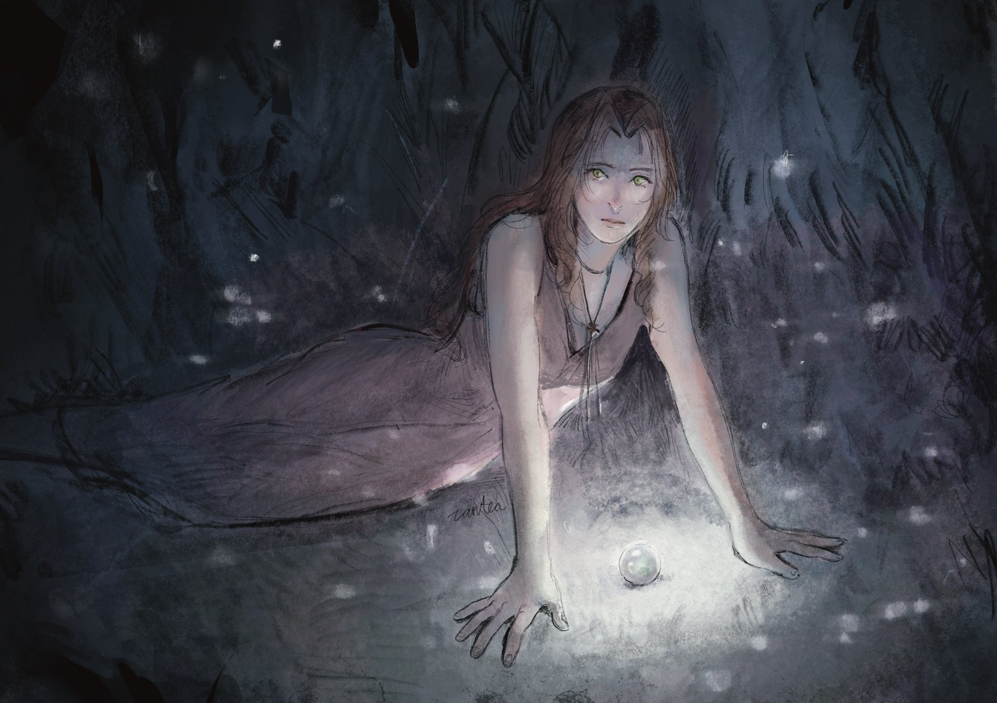 canteatea, aerith gainsborough, final fantasy, final fantasy vii, final fantasy vii rebirth, final fantasy vii remake, highres, 1girl, artist name, bare arms, breasts, brown hair, choker, dress, flower choker, glowing, green eyes, long dress, long hair, looking at viewer, materia, medium breasts, parted bangs, pink dress, sidelocks, sleeveless, sleeveless dress, solo