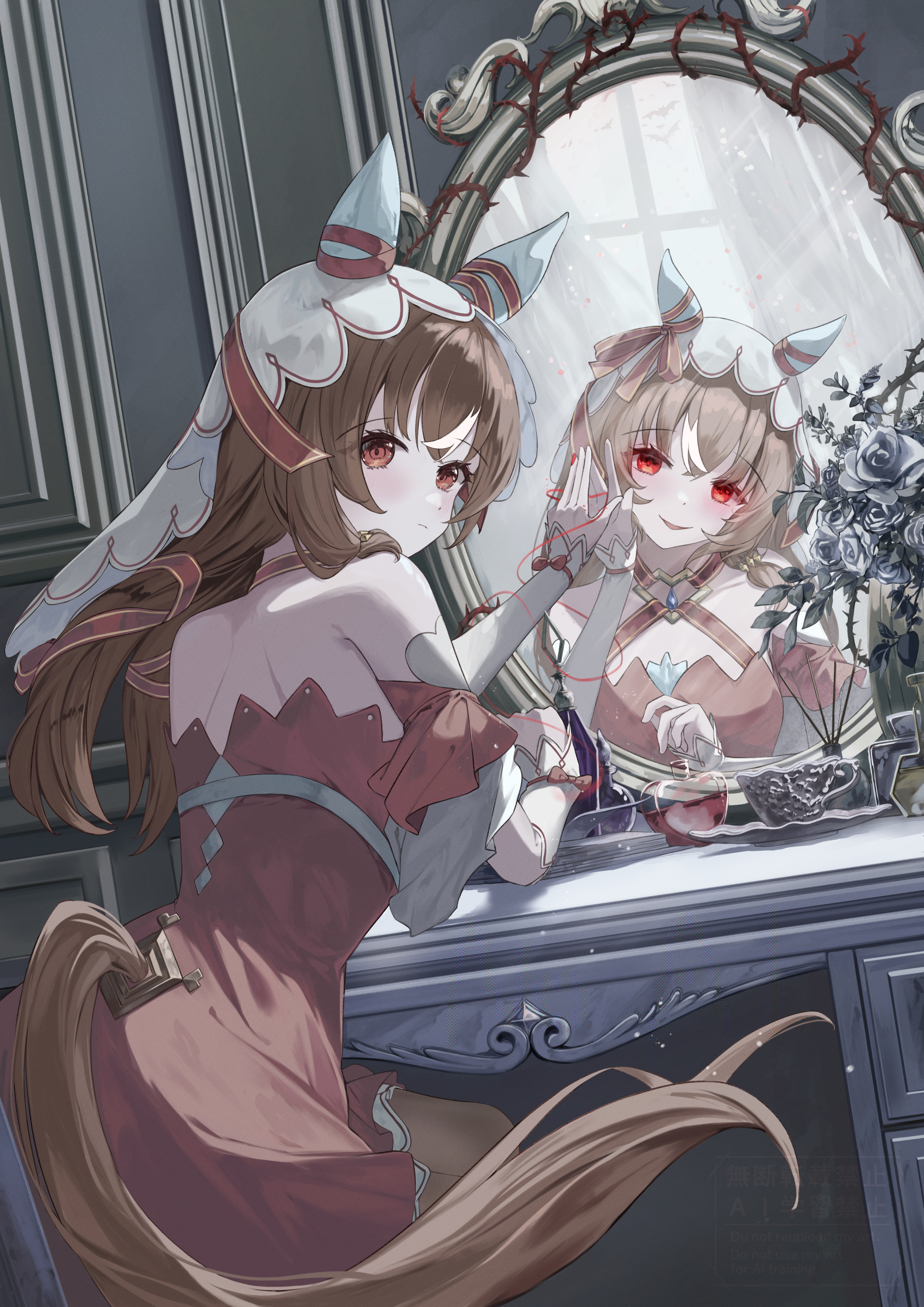 taikoi7, still in love (umamusume), umamusume, absurdres, highres, 1girl, animal ears, breasts, brown hair, different reflection, ear covers, horse ears, horse girl, horse tail, red eyes, reflection, small breasts, solo, tail, veil, white veil, yandere, yandere trance