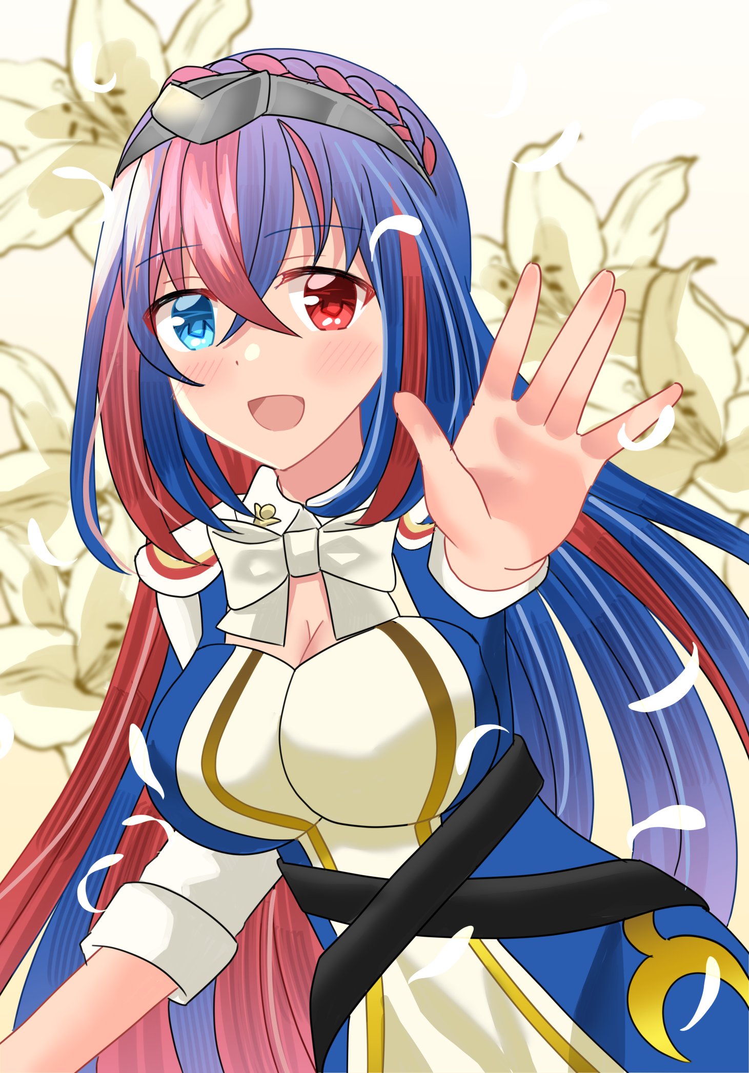 potato0805, female alear (fire emblem), fire emblem, fire emblem engage, nintendo, highres, 1girl, blue hair, braid, breasts, cleavage, crossed bangs, crown braid, heterochromia, large breasts, multicolored hair, open mouth, red hair, split-color hair, tiara, two-tone hair