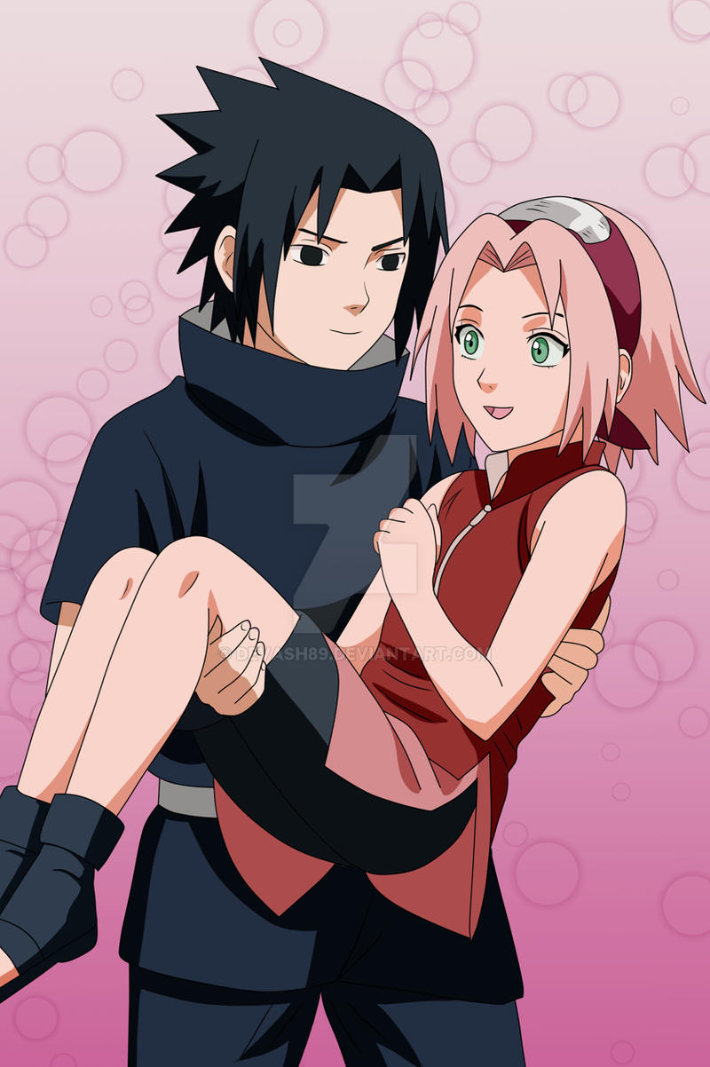 haruno sakura, uchiha sasuke, naruto (classic), naruto (series), commentary, english commentary, highres, 1boy, 1girl, black eyes, black hair, carrying, carrying person, devash89, forehead protector, gradient background, green eyes, headband, open mouth, pink background, pink hair, princess carry, red headband, short hair, sleeveless, smile, spiked hair
