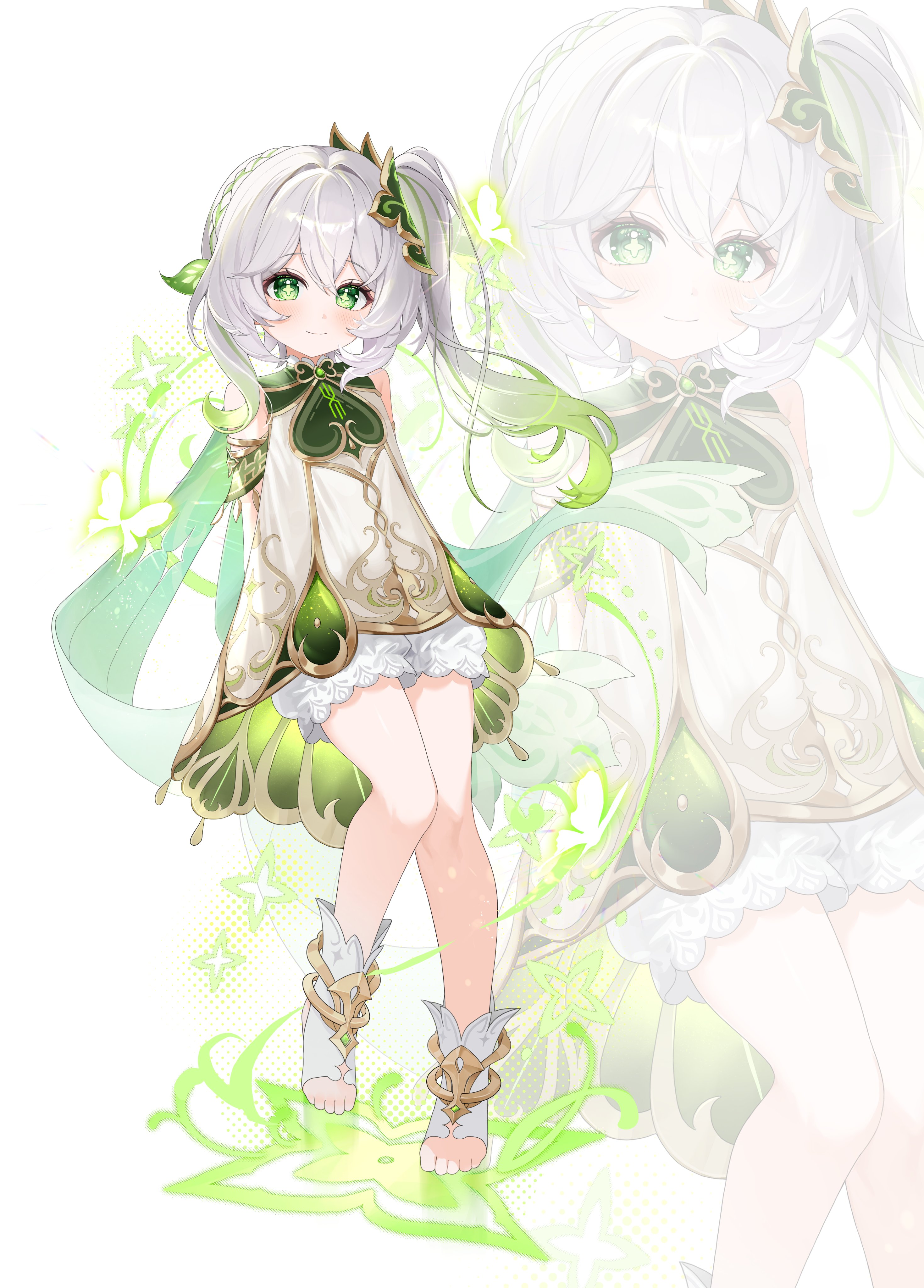 hamo (miyo rmo2), nahida (genshin impact), genshin impact, absurdres, commentary, english commentary, highres, 1girl, arms behind back, bare shoulders, blush, cape, closed mouth, detached sleeves, dress, full body, gold trim, gradient hair, green cape, green eyes, green hair, green sleeves, hair between eyes, hair ornament, leaf hair ornament, long hair, looking at viewer, multicolored hair, pointy ears, side ponytail, simple background, sleeveless, sleeveless dress, smile, stirrup legwear, symbol-shaped pupils, toeless legwear, toes, white background, white dress, white hair, zoom layer