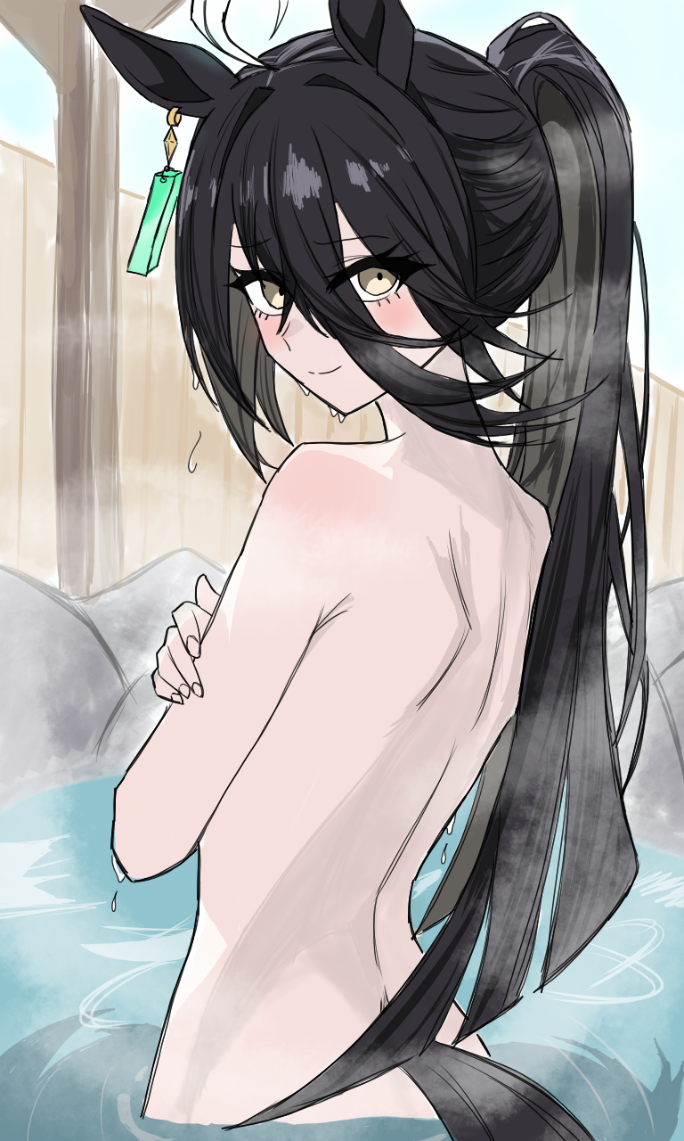 manhattan cafe (umamusume), umamusume, highres, 1girl, animal ears, black hair, blunt ends, closed mouth, completely nude, crossed bangs, ear ornament, ear tag, earrings, hair between eyes, hands up, horse ears, horse girl, horse tail, jewelry, long bangs, long hair, long hair between eyes, nude, onsen, ponytail, single earring, smile, solo, steam, tail, user rmus7348, very long hair, wading, wet