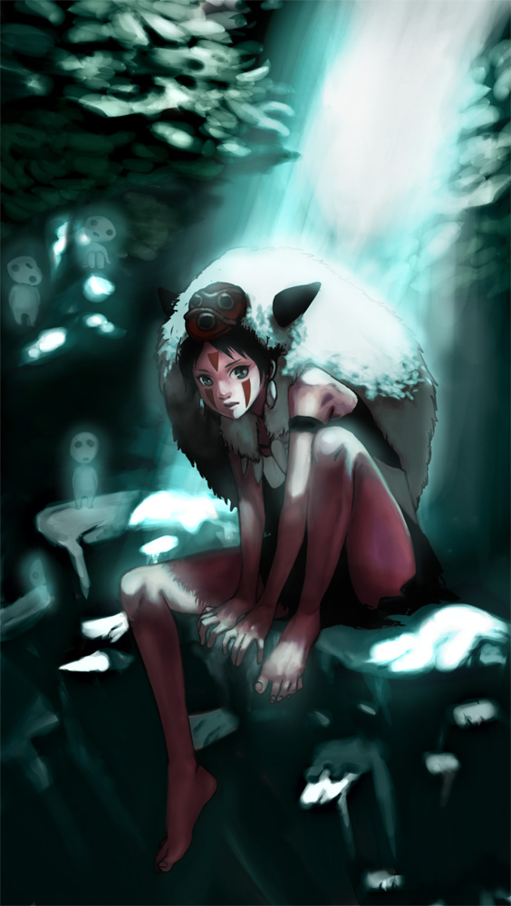 kuso usagi, san (mononoke hime), mononoke hime, studio ghibli, bad id, bad pixiv id, 1990s (style), 1girl, barefoot, black hair, blue eyes, facepaint, feet, female focus, retro artstyle, solo