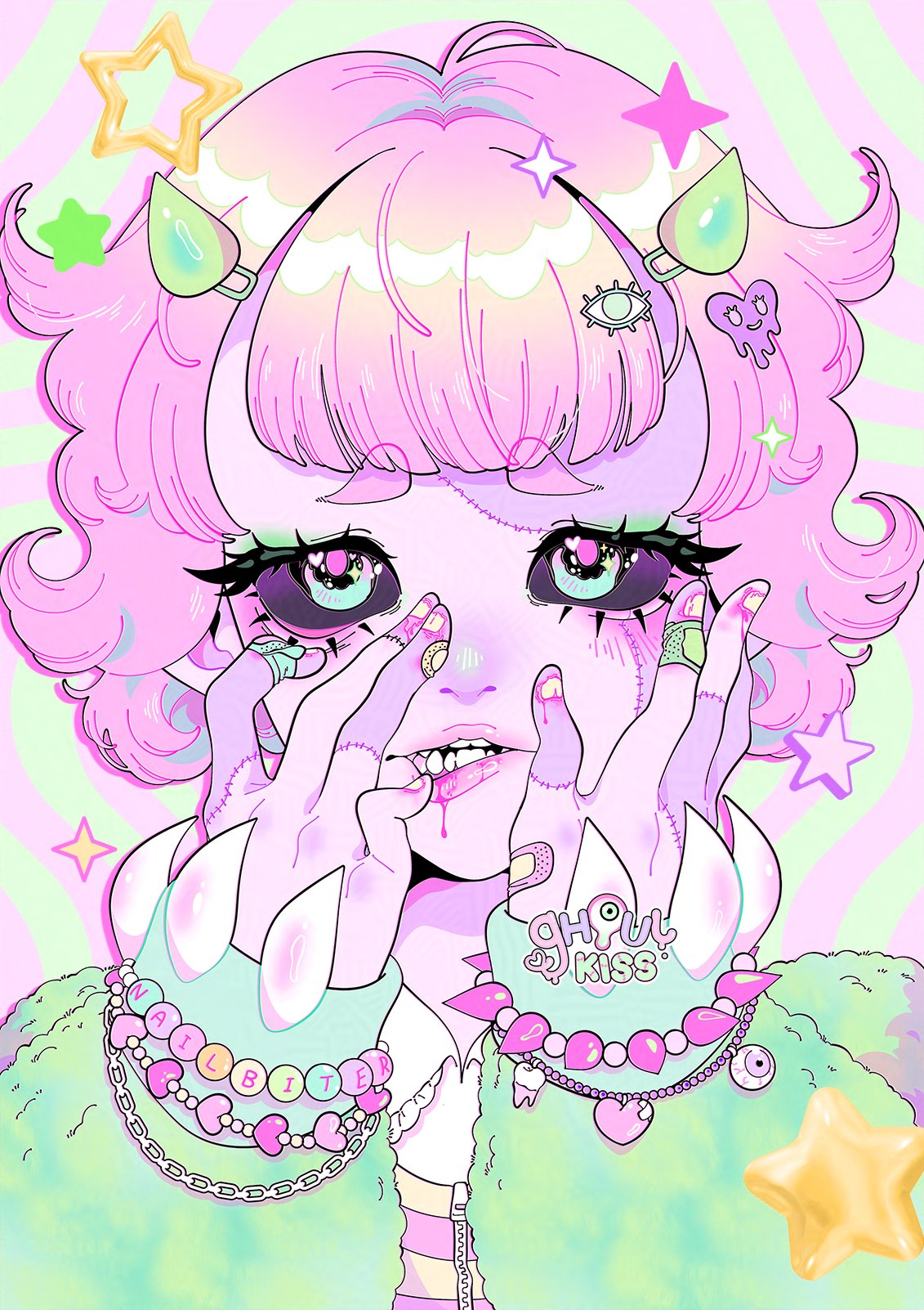 ghoulkiss, original, highres, 1girl, abstract background, artist logo, bandaid, bandaid on finger, bandaid on hand, bead bracelet, beads, black sclera, blood, blood from mouth, blood on hands, blunt bangs, blush, bracelet, collared shirt, color contrast, colored sclera, colored skin, curly hair, eye hair ornament, eyeball bracelet, eyeshadow, fake claws, fake horns, fluffy, green background, green eyes, green eyeshadow, green horns, green jacket, hair ornament, hands on own face, heart, heart bracelet, heart hair ornament, heart in eye, horns, jacket, jewelry, logo, long sleeves, looking at viewer, makeup, multiple bracelets, open mouth, pink background, pink blood, pink hair, pink pupils, pink shirt, purple shirt, purple skin, scene fashion, sharp teeth, shirt, short hair, sleeves past wrists, solo, sparkle, sparkling eyes, star (symbol), stitched face, stitched hand, stitches, striped clothes, striped shirt, symbol in eye, teeth, white shirt, yellow nails, zipper